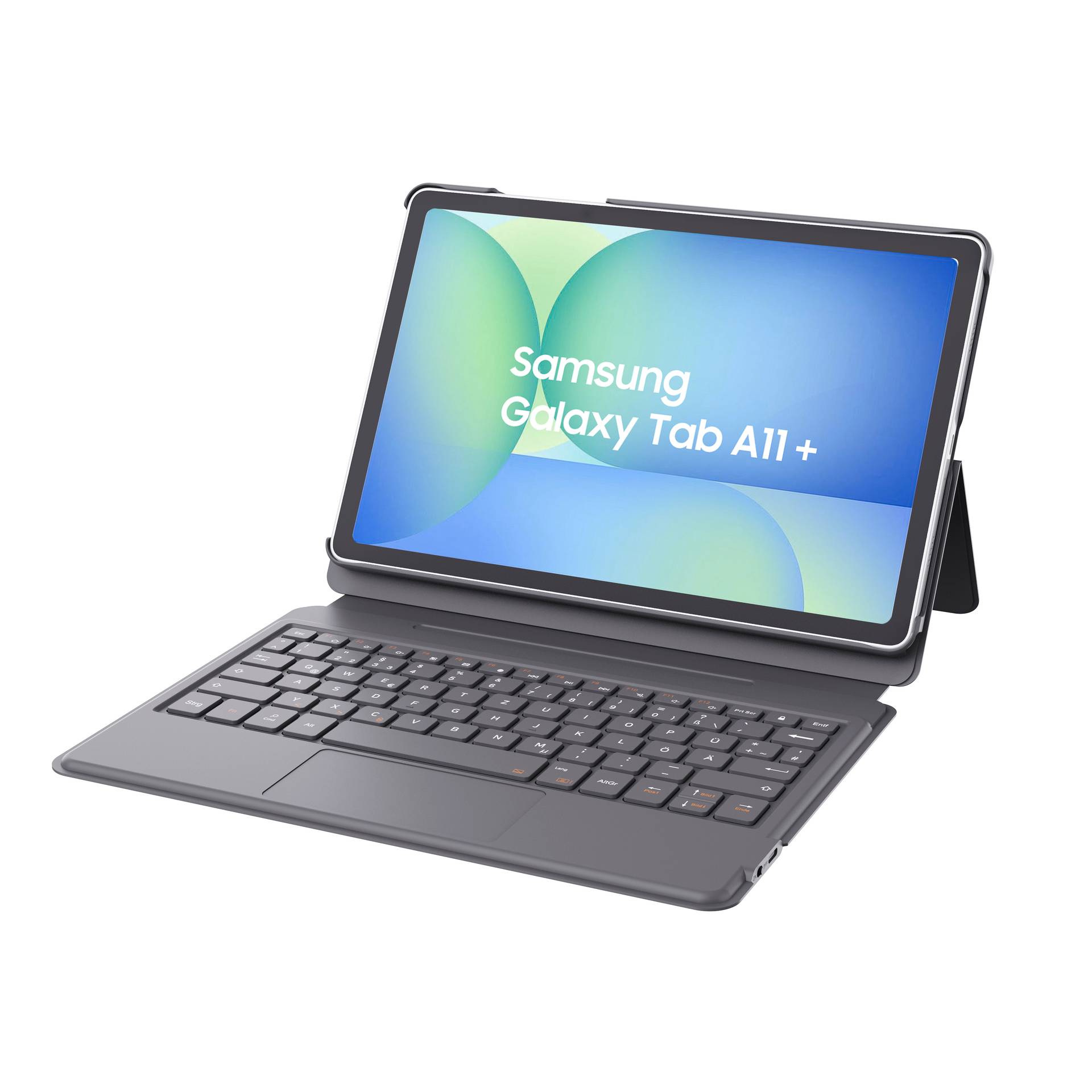 Samsung Galaxy Tab A11+ tablet připojený k pouzdru s klávesnicí, zobrazený na stojanu v horizontální poloze.