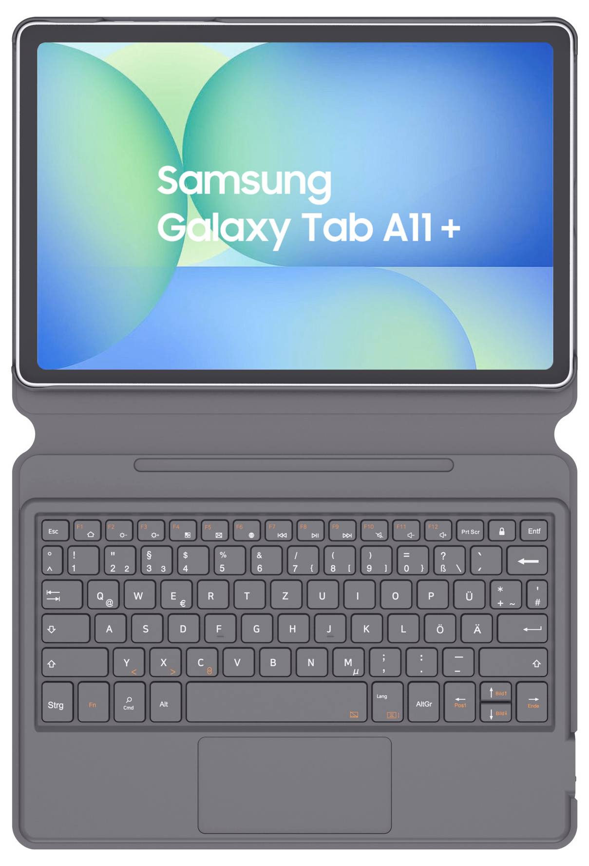 Tablet Samsung Galaxy Tab A11+ zobrazený v šedém pouzdru klávesnice s připojeným touchpadem.