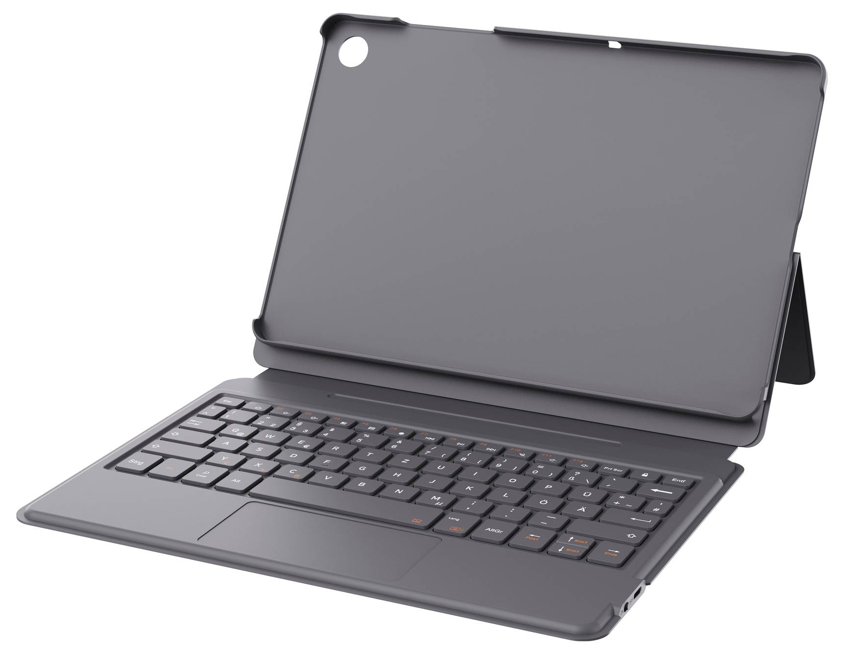 Šedý tablet v pouzdru klávesnice folio, zobrazený otevřený a nakloněný na bílém pozadí.