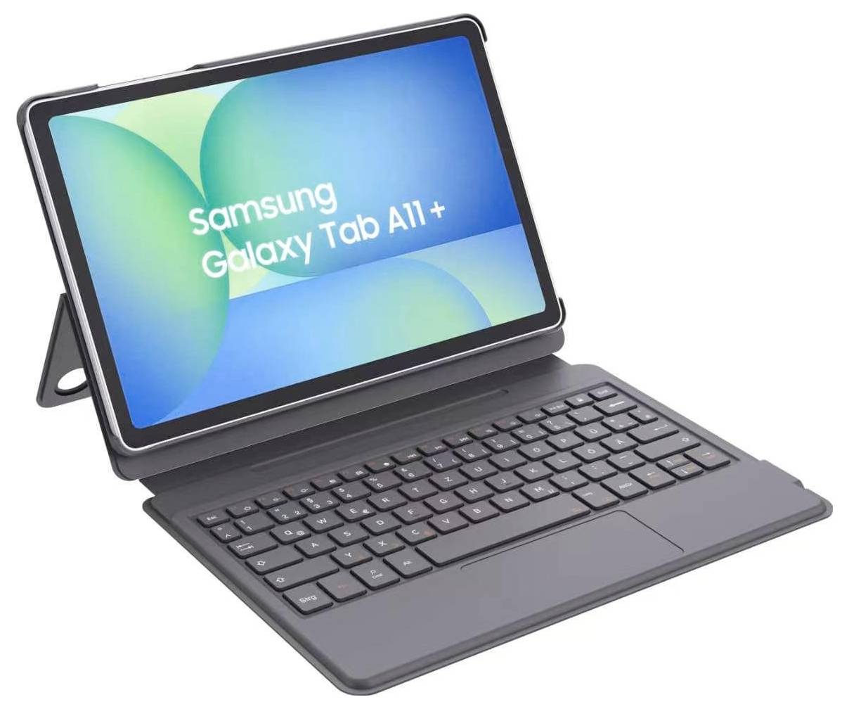 Tablet Samsung Galaxy Tab A11+ v klávesnicovém pouzdře, zobrazený otevřený s oddělitelným stojanem a obrazovkou s názvem produktu.