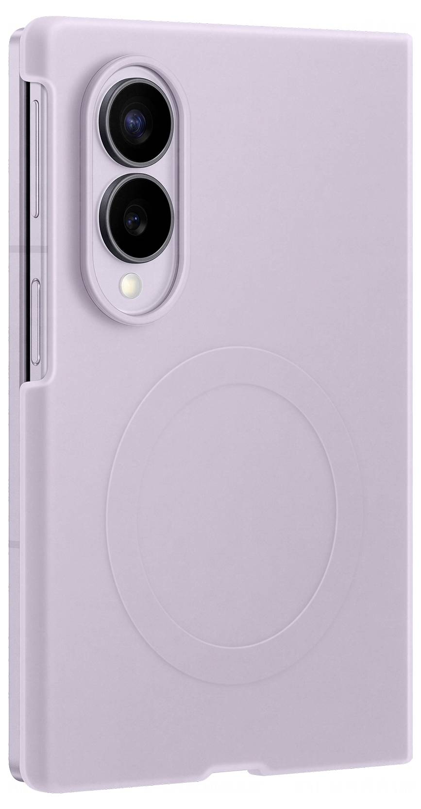 Kryt na smartphone v barvě levandule s dvěma otvory pro zadní fotoaparáty a kulatým magnetickým kroužkem MagSafe, zobrazený zezadu na bílém pozadí.