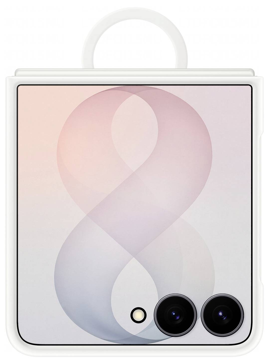 Bílý skládací smartphone zobrazený zavřený s pastelově abstraktním designem čísla „8" a dvěma zadními kamerami.