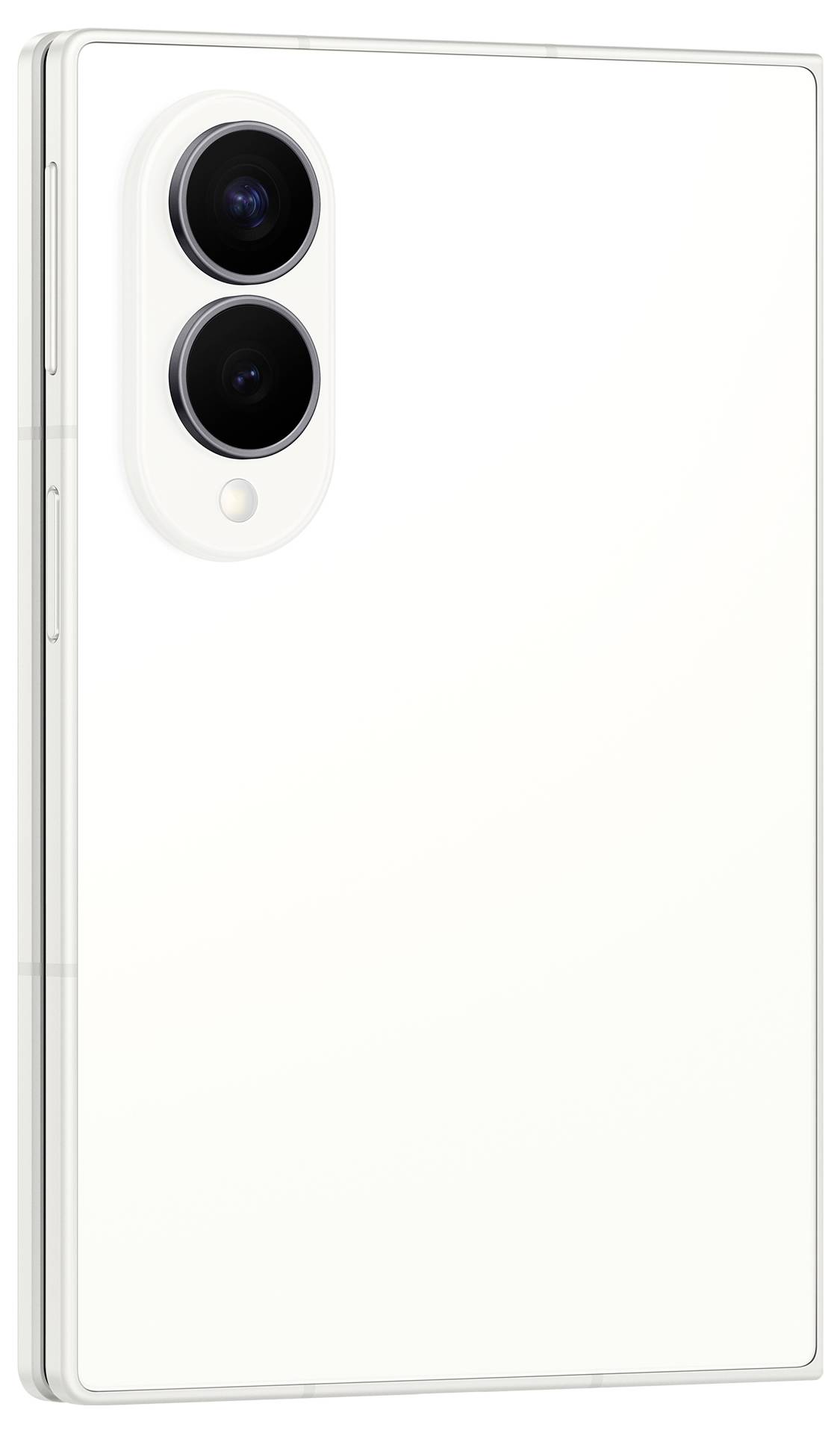 Zadní pohled na bílý chytrý telefon s duálními zadními kamerami v pionýrském modulu a malou LED světlem.