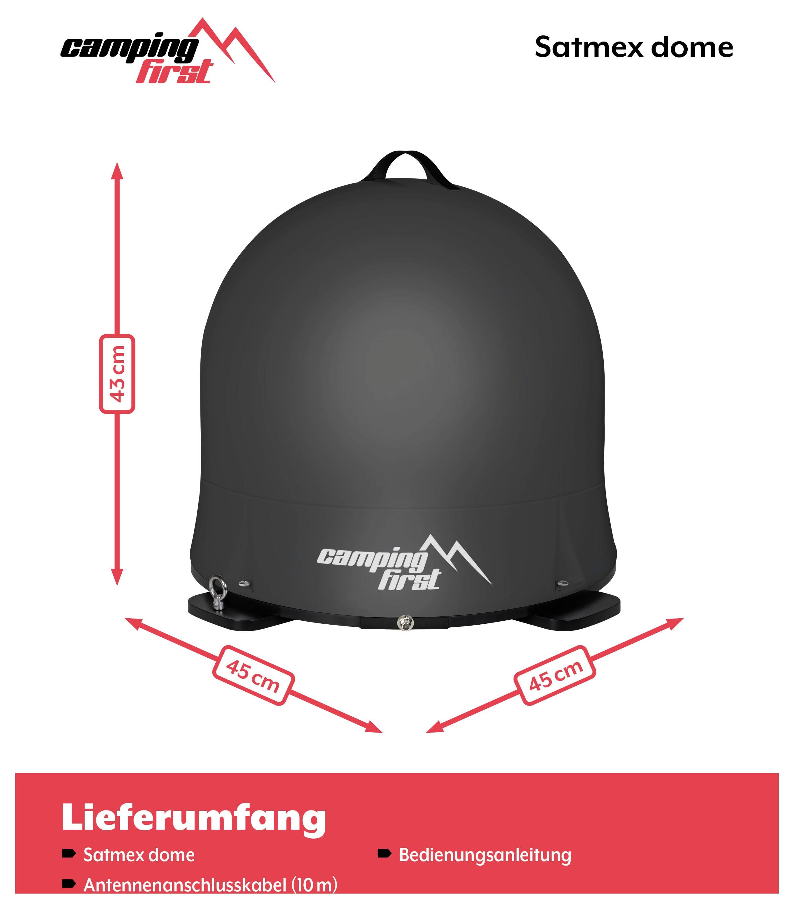 Kempingový stan Camping First "Satmex dome" černý stan tvaru kupole, zobrazen z předu s rozměry 43 cm na výšku a 45 cm na šířku/hloubku; obsahuje položky "Rozsah dodávky" a návod.