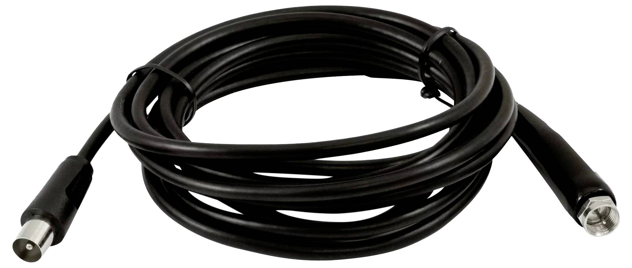 Stočený černý kabel s kovovými konektory na obou koncích, zobrazený na bílém pozadí.