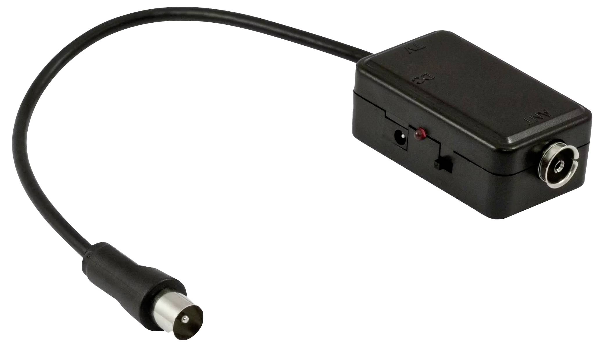 Černý adaptérový kabel s obdélníkovým inline napájecím modulem a kulatým konektorem na bílém pozadí.