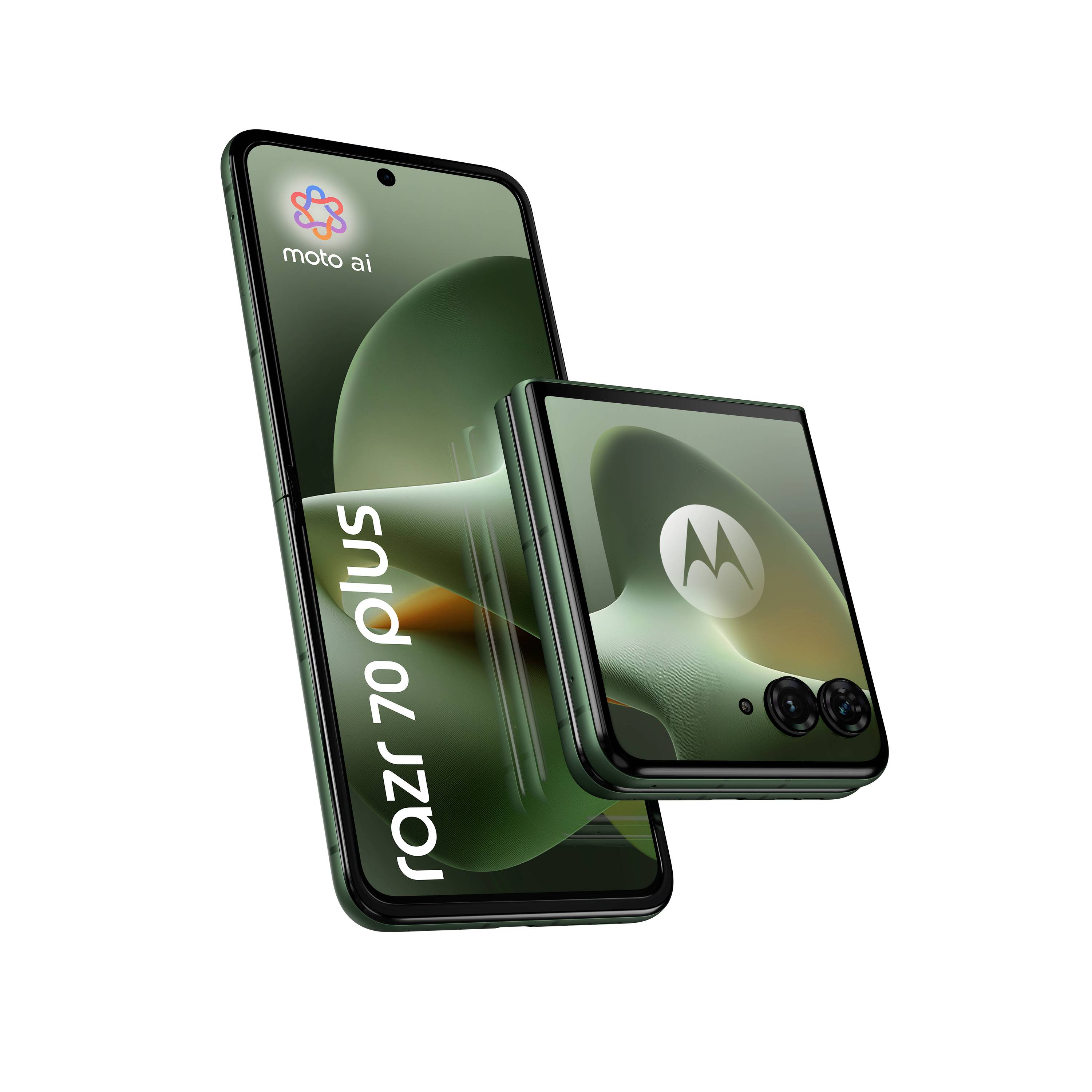 Motorola Razr 70 Ultra skládací smartphone zobrazený částečně otevřený s viditelnou zelenou obrazovkou a značkou Moto AI.