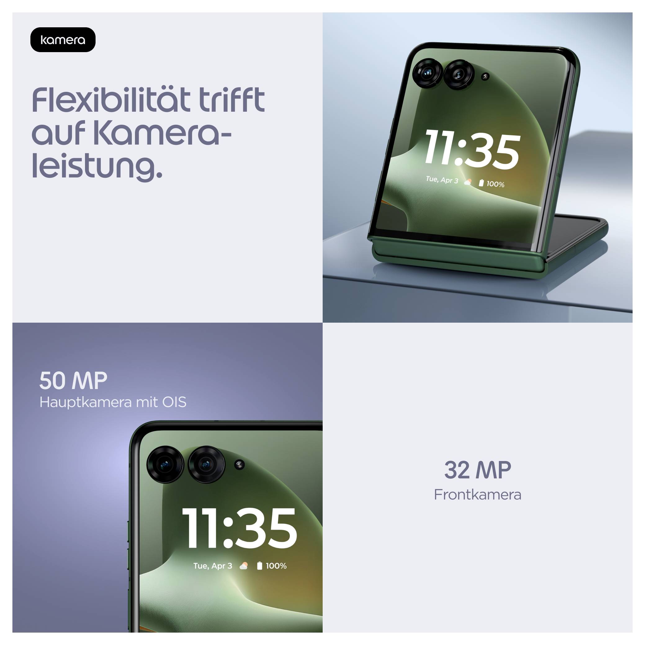 Skládací smartphone s fotoaparátem v reklamě zobrazující 'Flexibilita se setkává s výkonem fotoaparátu.' s 50MP hlavním fotoaparátem s OIS a 32MP předním fotoaparátem.