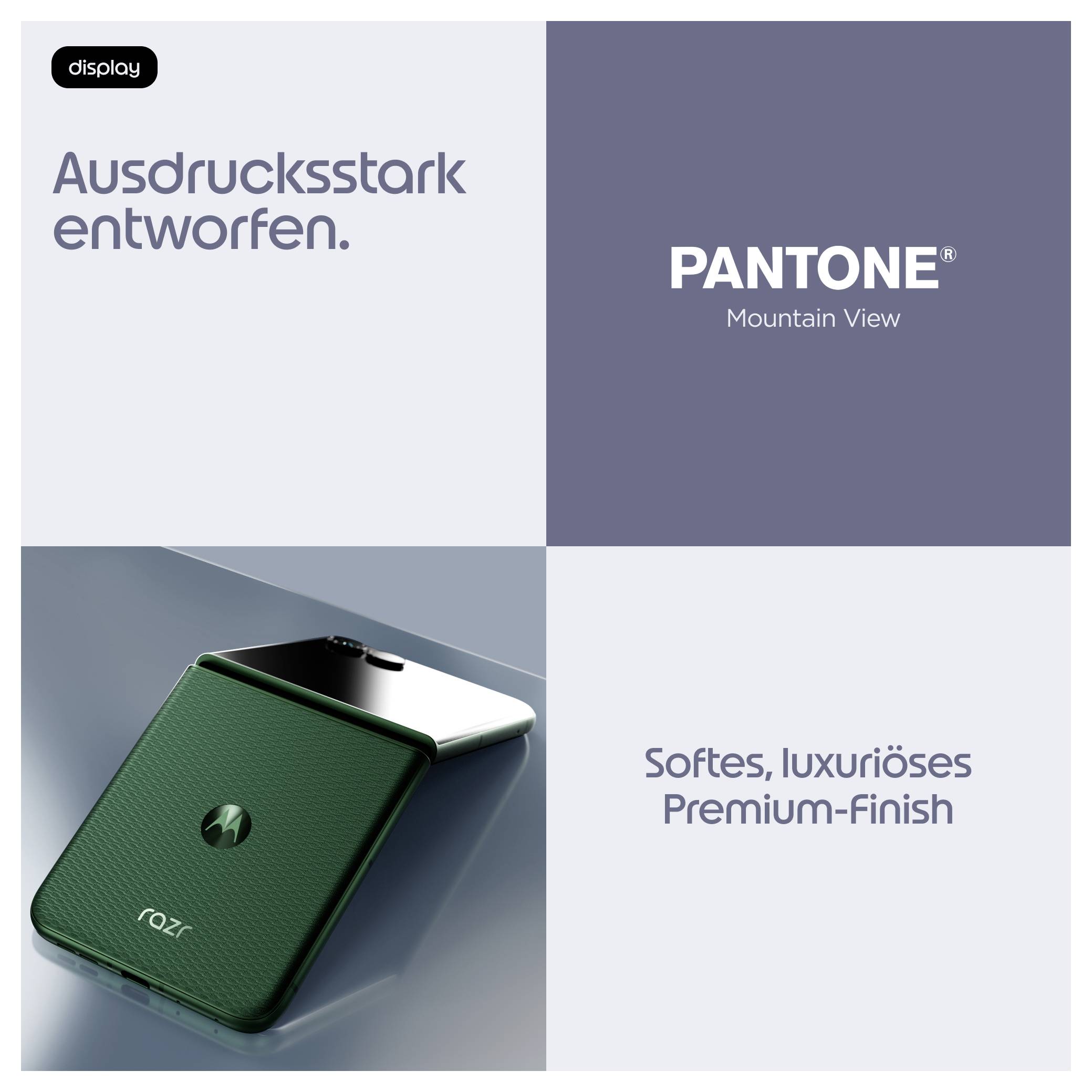 Reklamní inzerát na Motorola razr a Pantone Mountain View s textem "Expressivně navrženo" a "Měkké, luxusní prémiové zpracování" vedle zeleného skládacího telefonu.