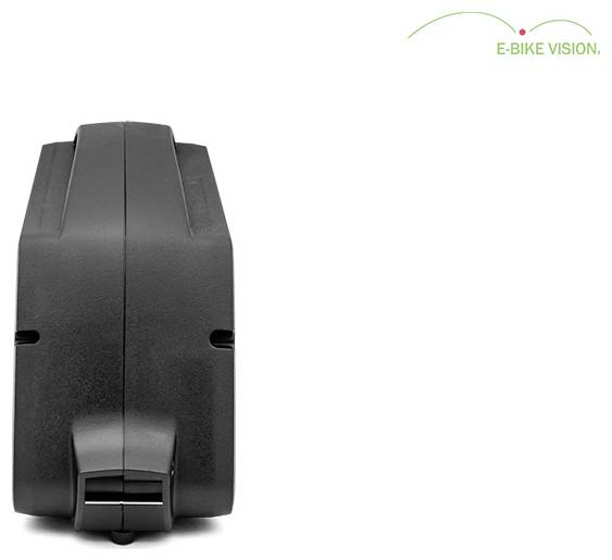 Černý obdélníkový akumulátor e-biků zobrazený vpředu na bílém pozadí s logem 'E-BIKE VISION' v pravém horním rohu.