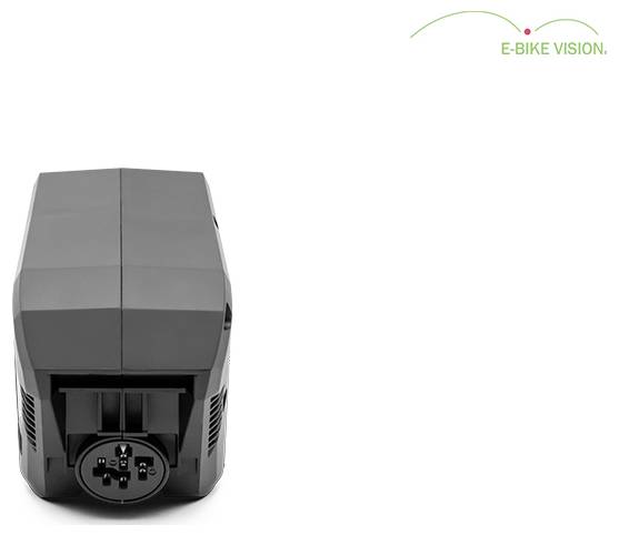 Černá obdélníková baterie e-bikeů zobrazená zepředu na bílém pozadí s logem E-BIKE VISION v pravém horním rohu.