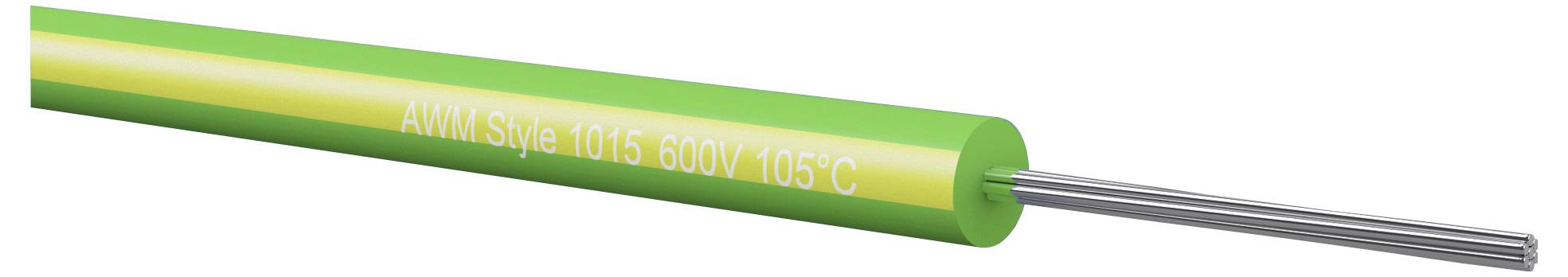 Zelený elektrický kabel označený "AWM Style 1015 600V 105°C" s exponovanými stříbrnými vodiči na jednom konci.