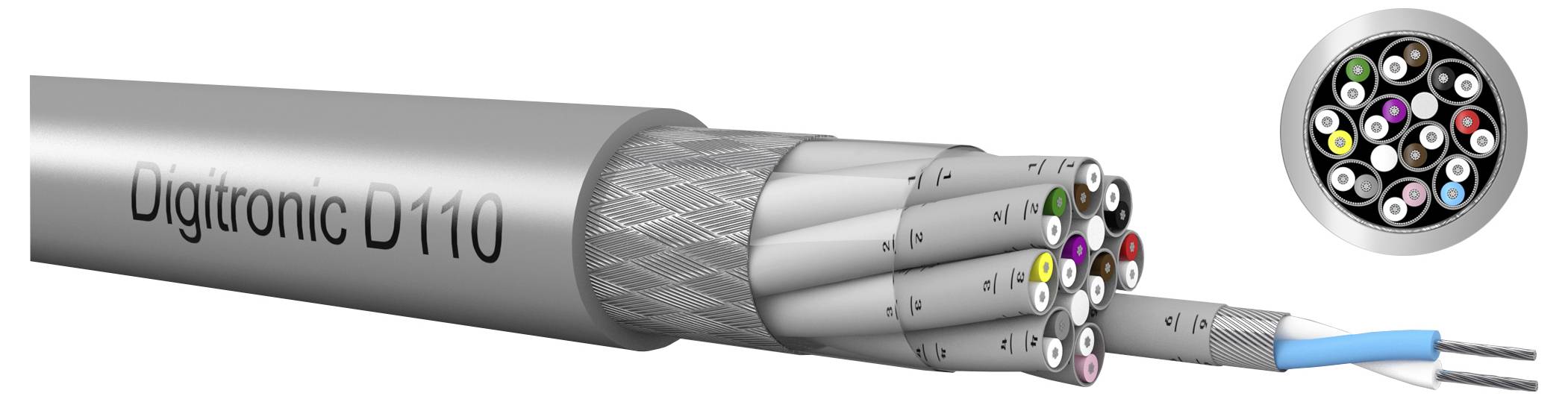 Řez kabelem Digitronic D110 zobrazující vícečetné barevně označené vnitřní vodiče a modrý vnější plášť na konci.