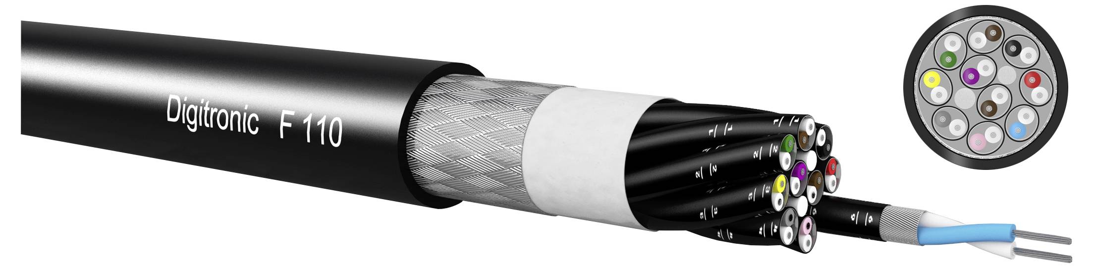 Snímek produktu v detailním pohledu na kabel Digitronc F 110 s vystavenými vícebarevnými jádry vodičů a vloženou kruhovou částí v průřezu zobrazující vnitřní uspořádání vodičů.