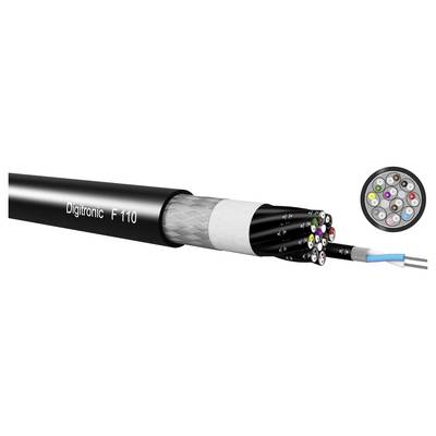 Snímek produktu v detailním pohledu na kabel Digitronc F 110 s vystavenými vícebarevnými jádry vodičů a vloženou kruhovou částí v průřezu zobrazující vnitřní uspořádání vodičů.