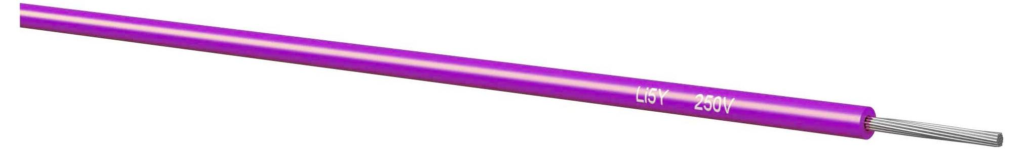 Fialový elektrický kabel s obnaženými stříbrnými koncovkami drátů, zobrazený horizontálně na bílém pozadí.