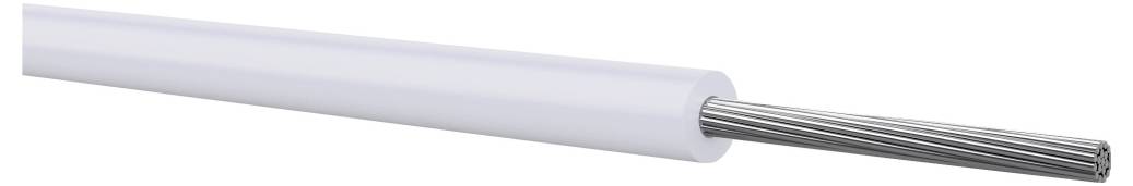 Dlouhý šedý kabel s bílým vnějším pláštěm, na jednom konci odhalující svazek stříbrných kovových drátů.