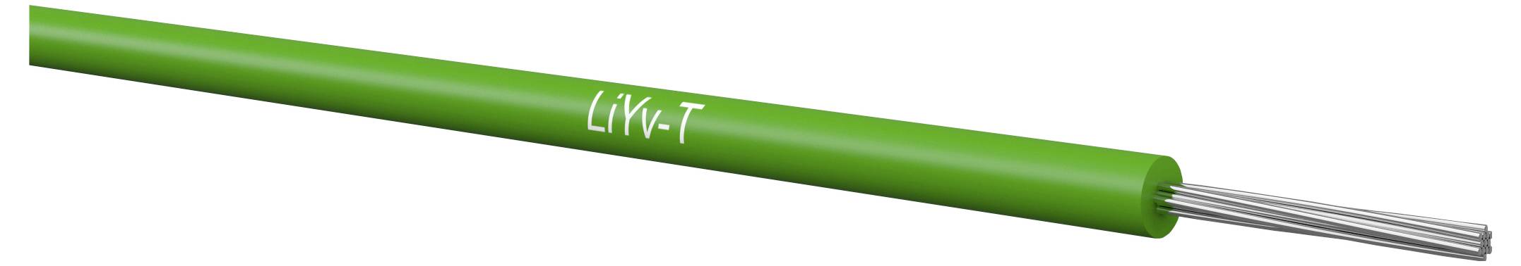 Zelený izolovaný elektrický kabel označený "Liv-T" s vystavenými stříbrnými vodiči na jednom konci na bílém pozadí.