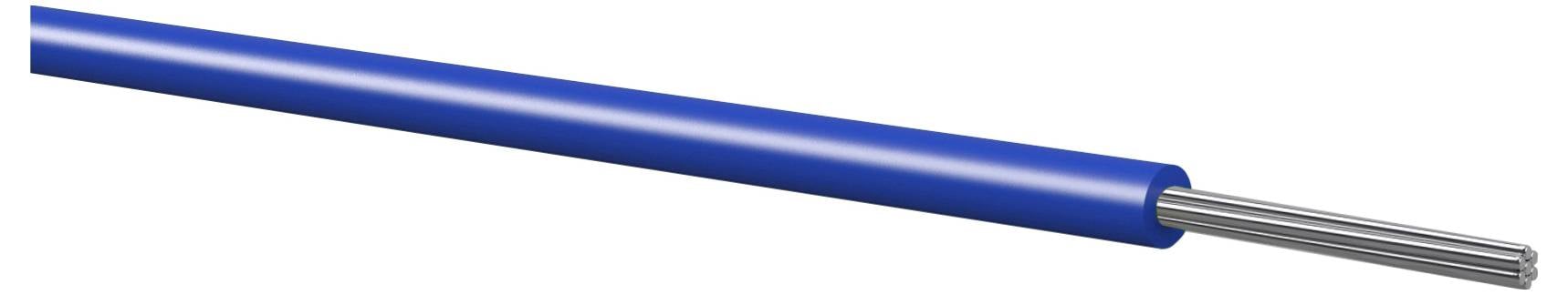 Modrý izolovaný kabel s odkrytými stříbrnými vnitřními vodiči na jednom konci, zobrazený na jednoduchém bílém pozadí.