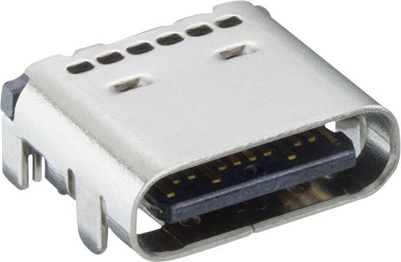 Detailní snímek portu USB-C ženského konektoru v kovovém pouzdru, zobrazený na bílém pozadí.