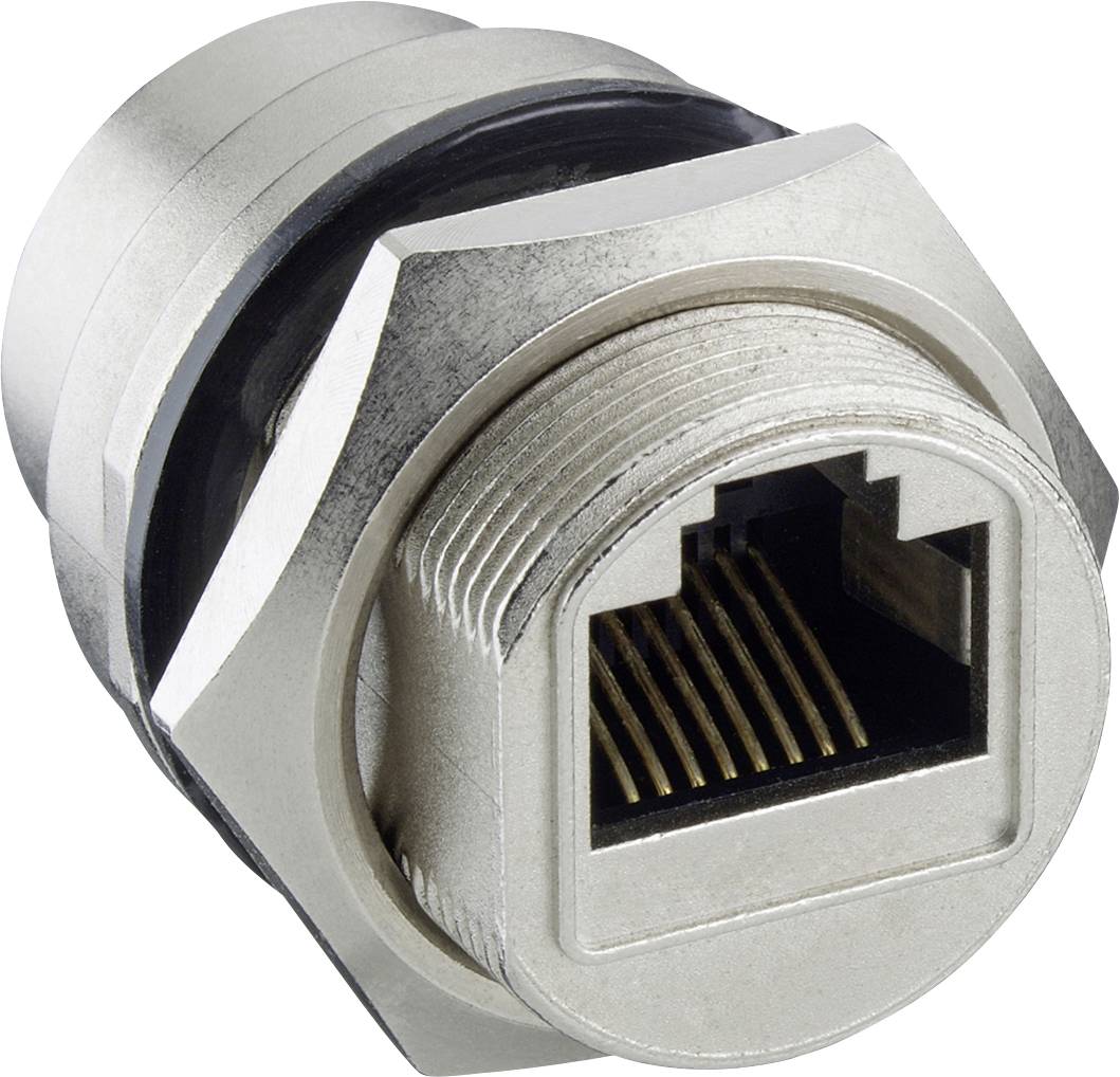 Detailní záběr na kovový panelový konektor RJ45 Ethernet se závitovým pouzdrem a viditelnými pozlacenými kolíky.