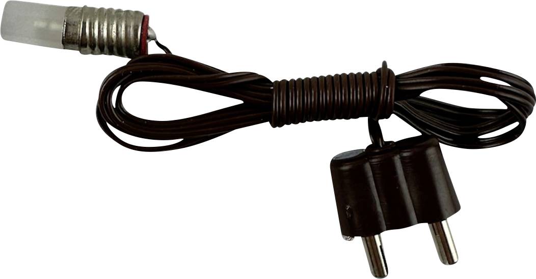 Hnědý elektrický kabel s malou dvoupólovou zástrčkou a kovově zakončeným konektorem na bílém pozadí.