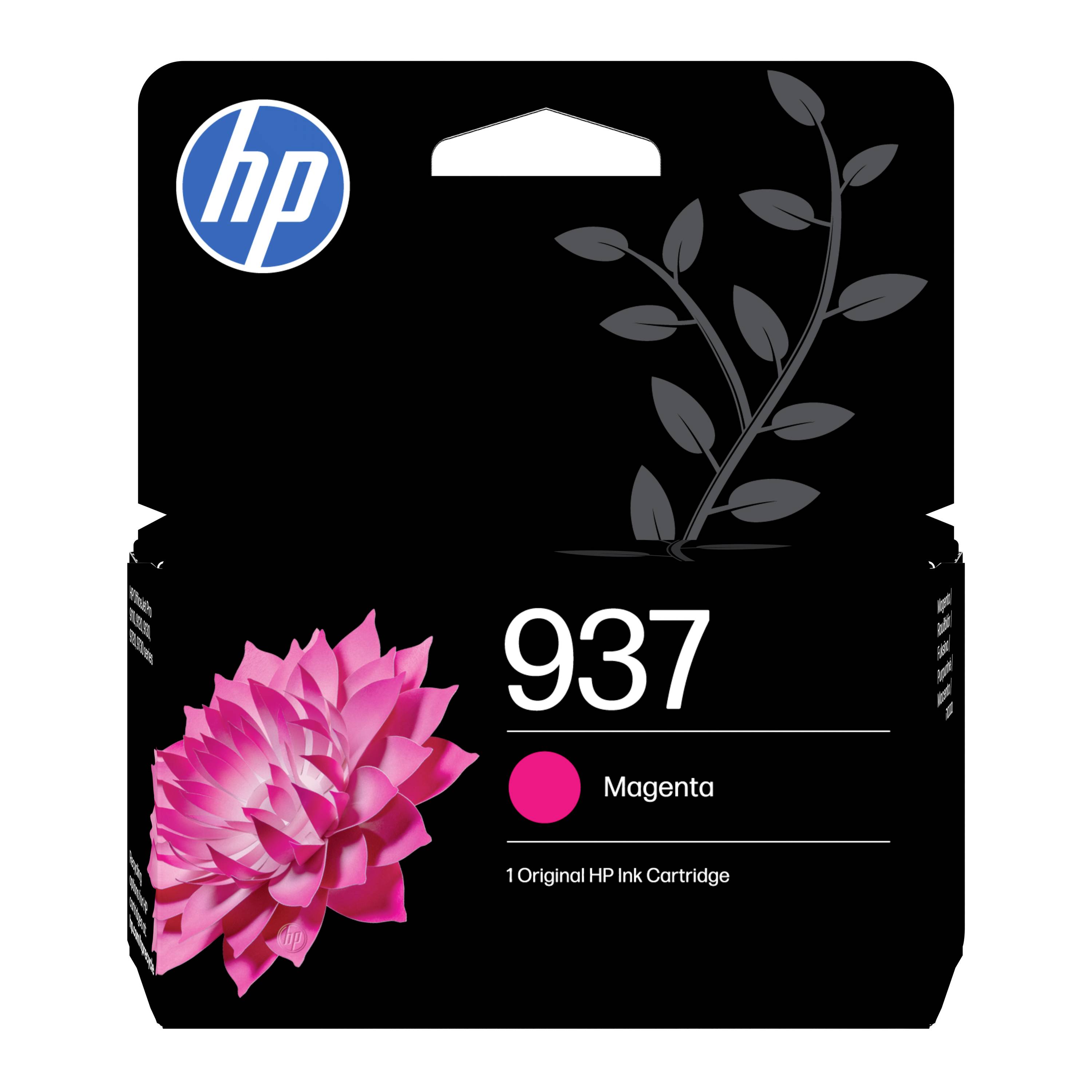 Originální náplň HP 937 purpurová v balení s logem HP a grafikou růžového květu na černé krabici.