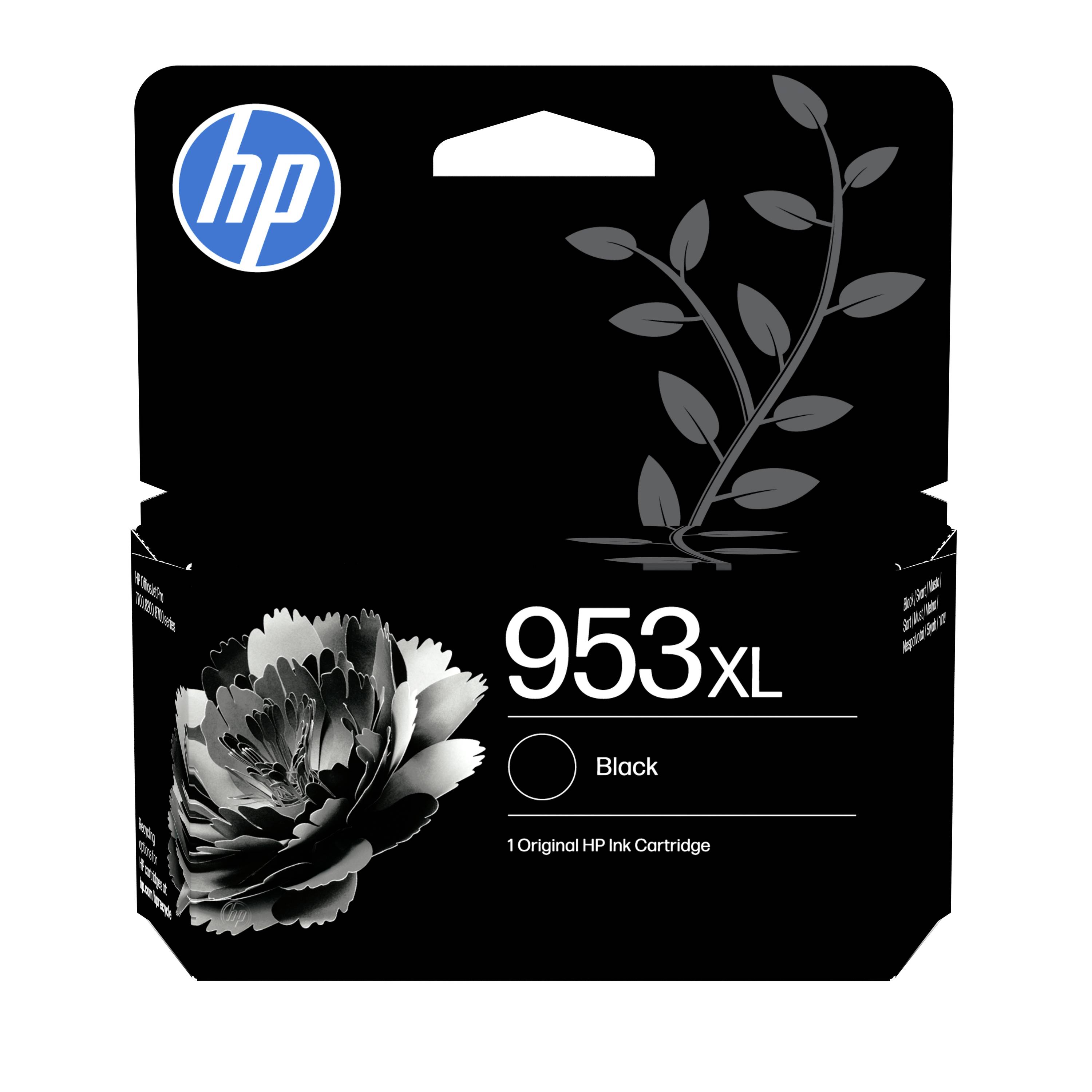 Originální inkoust HP 953XL černá v balení s modrým logem HP a květinovou grafikou na černé krabici.