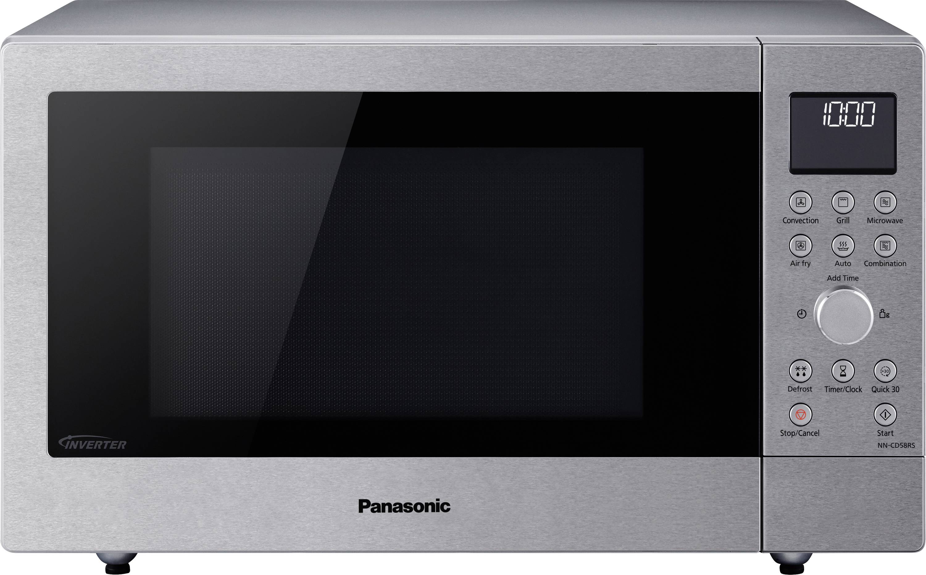 Přední pohled na mikrovlnnou troubu Panasonic z nerezové oceli s digitálním časovým displejem a ovládacími tlačítky na pravé straně.