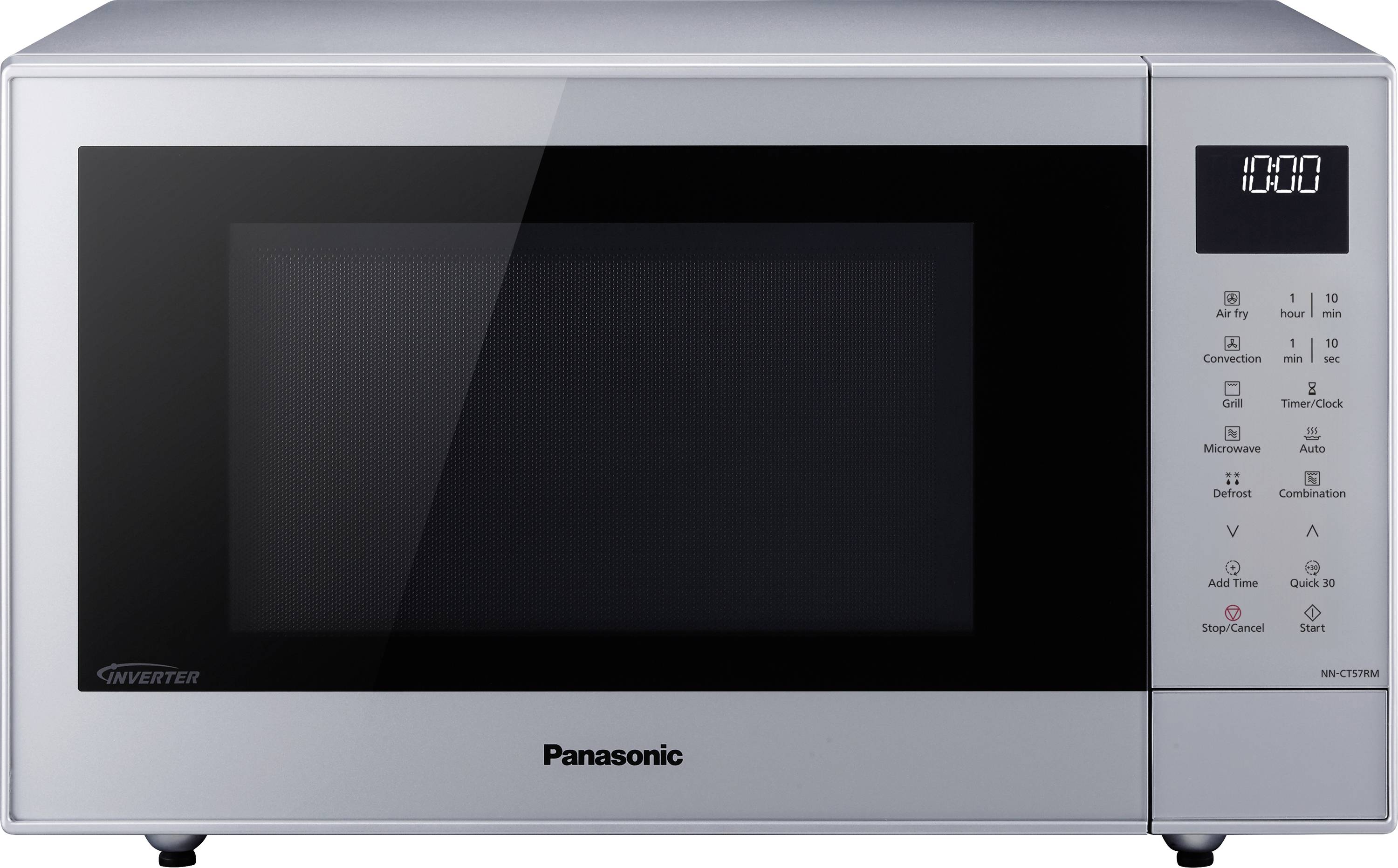 Přední pohled na mikrovlnnou troubu Panasonic s digitálním displejem hodin zobrazujícím 10:00 a ovládacími tlačítky na pravém panelu.