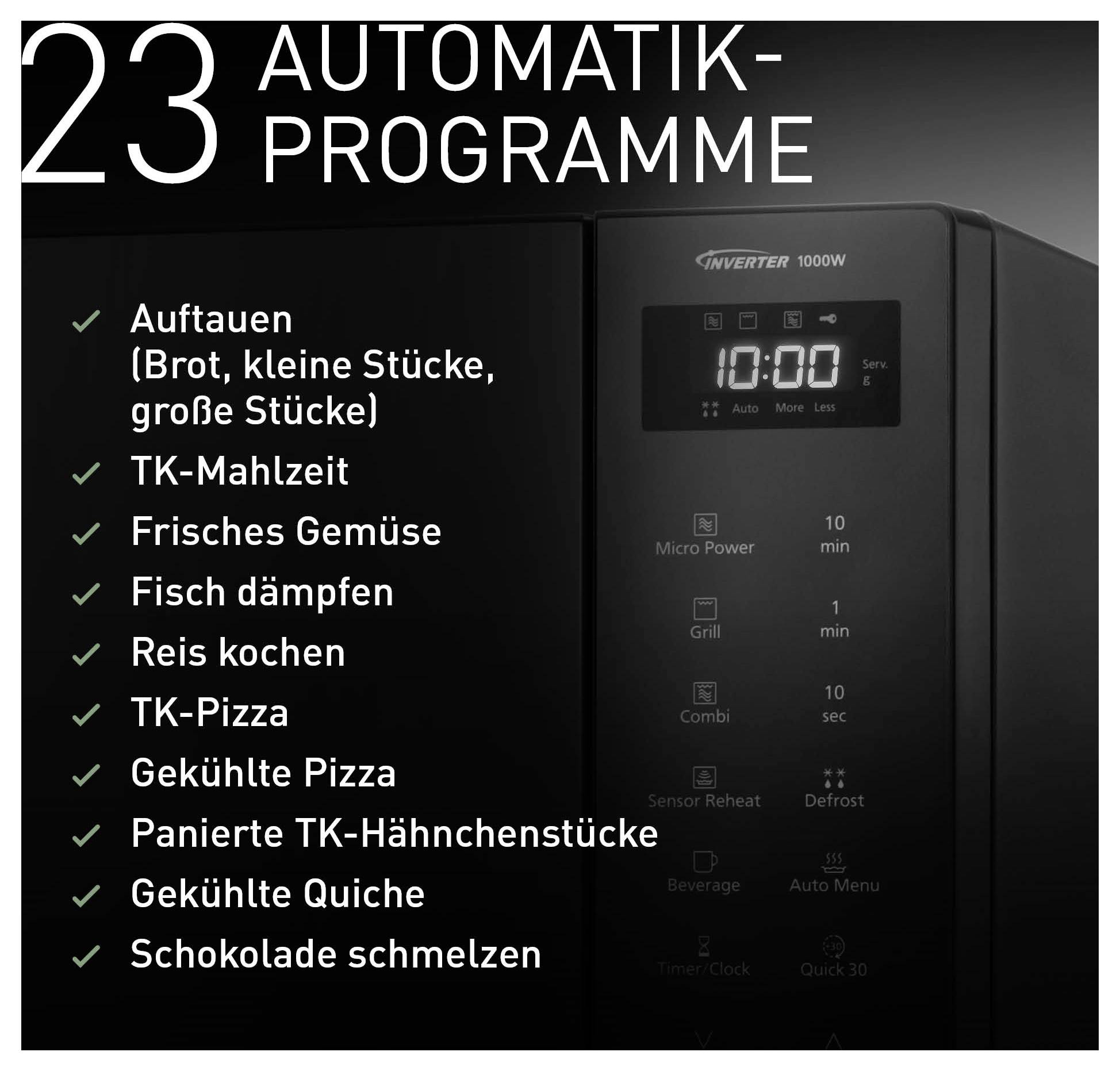 Přehled mikrovln: '23 automatických programů' se seznamem funkcí jako jsou odmrazování, vaření zeleniny, vaření rýže, rozpouštění pizzy a čokolády.