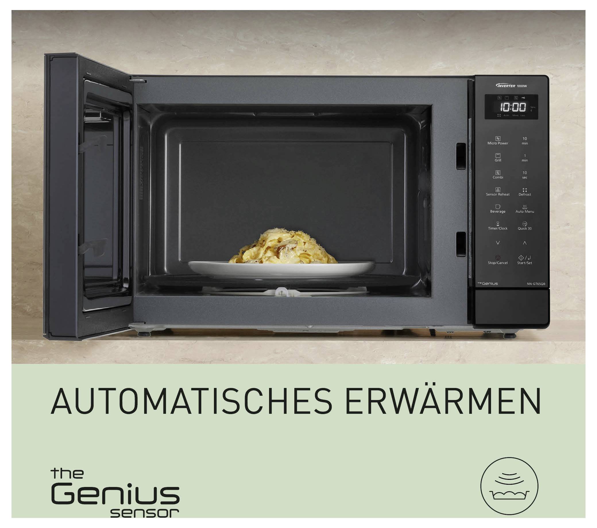 Otevřená mikrovlnná trouba s talířem jídla; dole je napsáno 'AUTOMATICKÉ OHŘÍVÁNÍ' a logo 'the Genius sensor'.