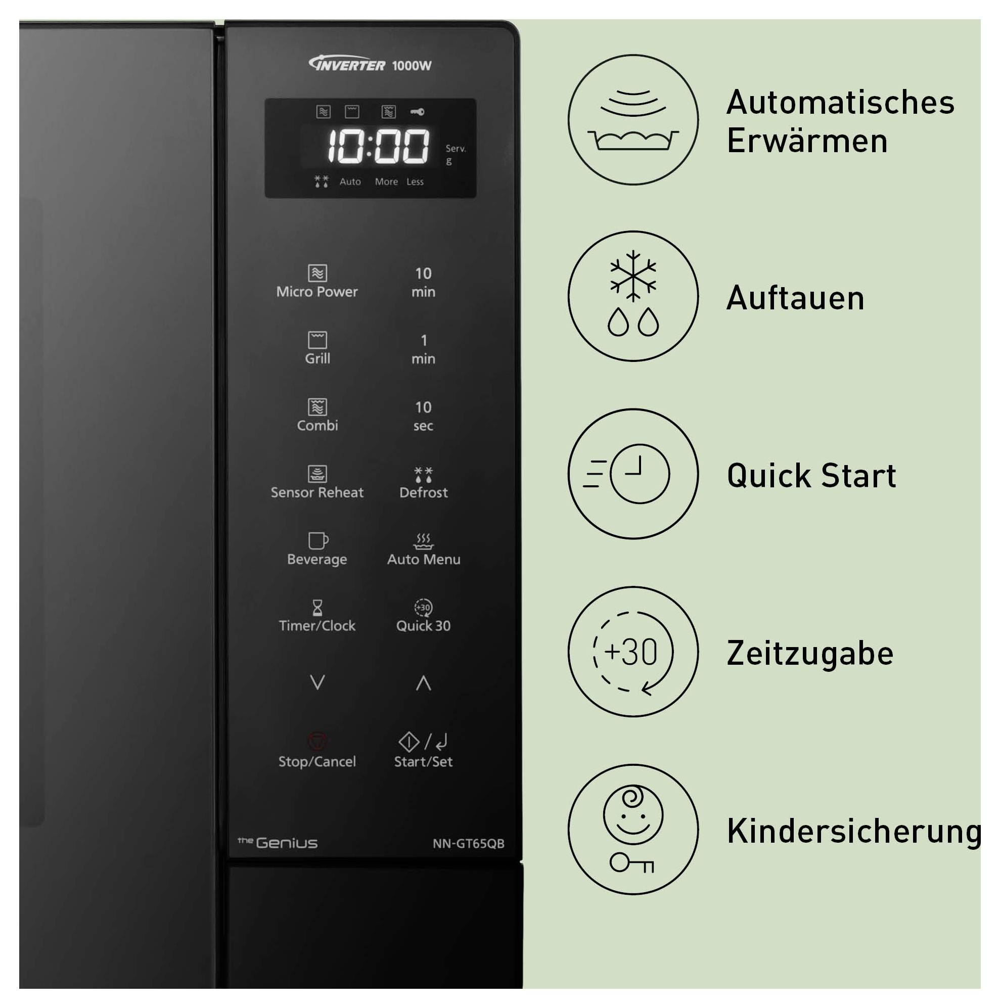 Ovládací panel mikrovlnné trouby s displejem a tlačítky; vpravo symboly pro Automatické ohřívání, Rozmrazování, Rychlý start, Přidání času a Bezpečnostní zámek pro děti.