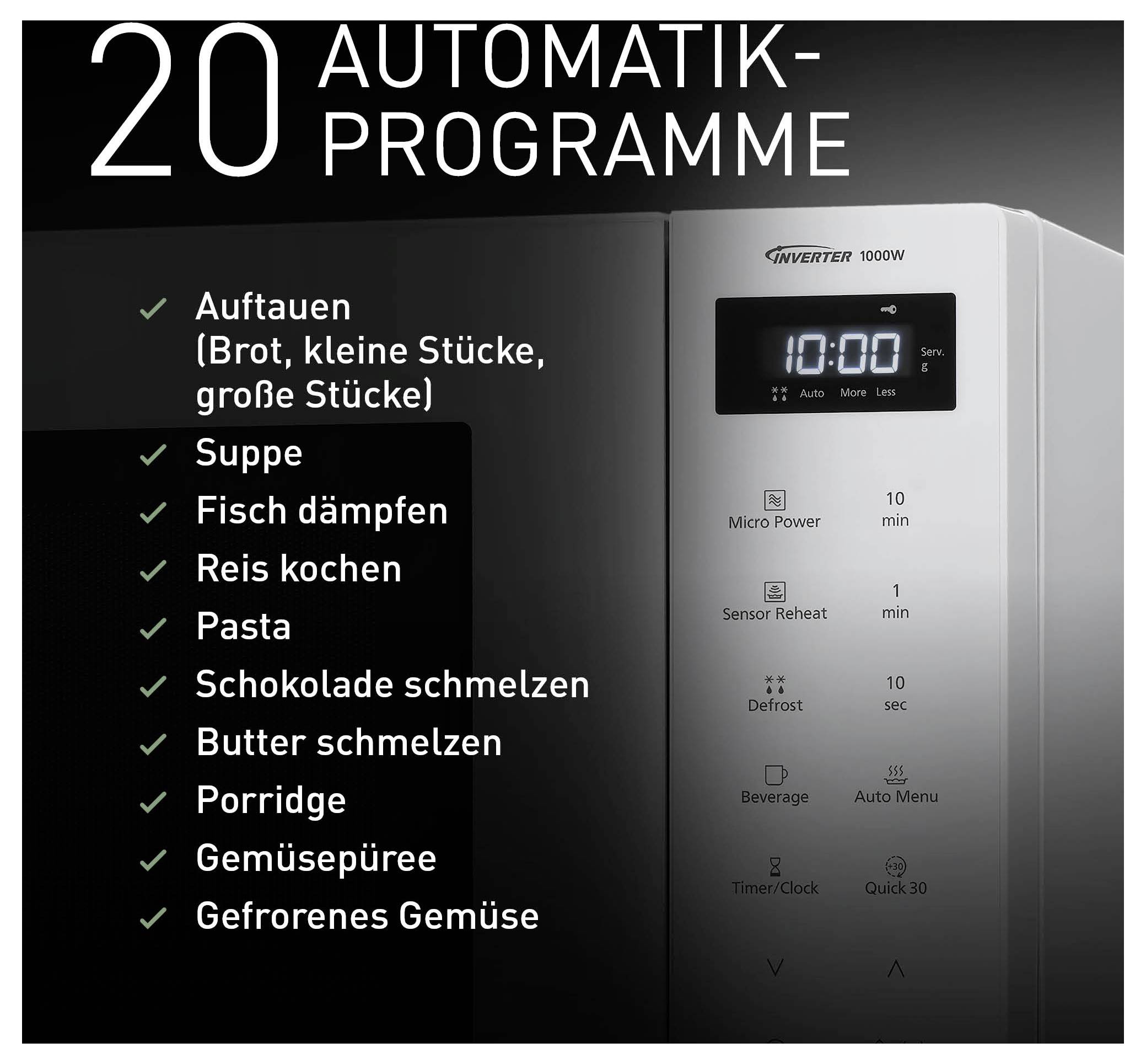 Reklama na mikrovlnnou troubu s "20 automatickými programy"; vpravo displej zařízení a tlačítka, vlevo seznam programů, jako je odmrazování, polévka, vaření ryby na páře, vaření rýže a zeleninové pyré.