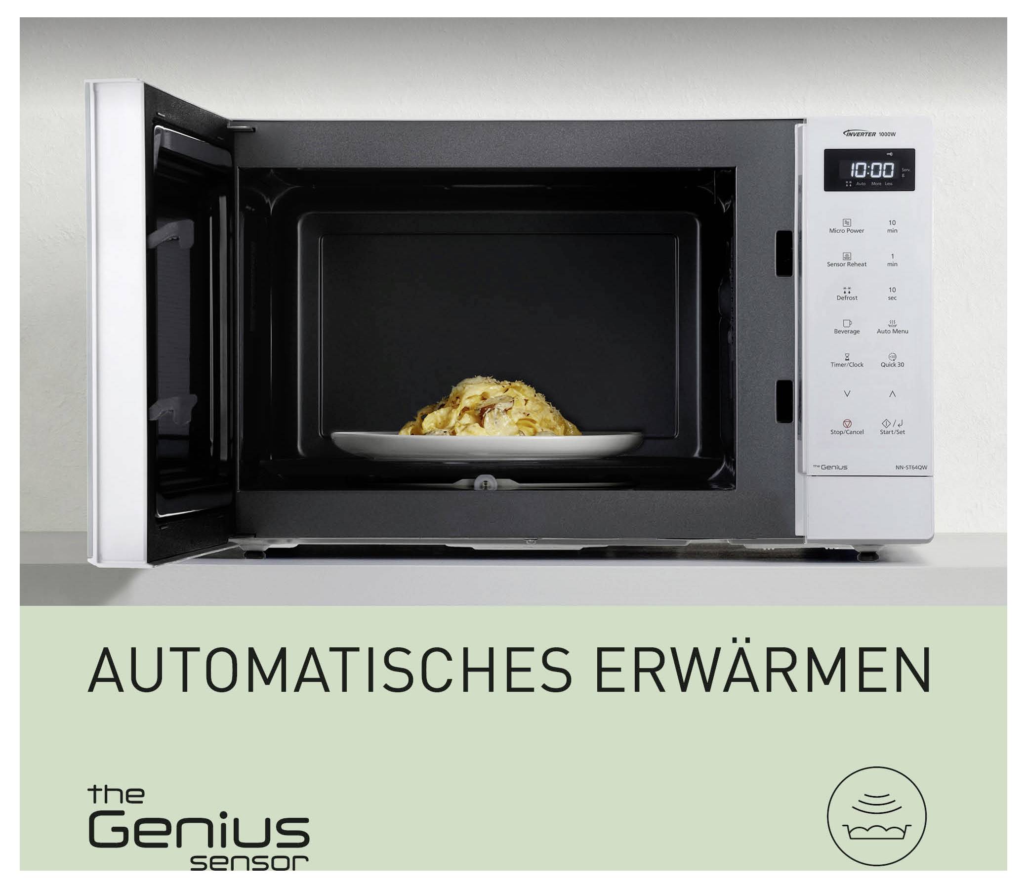 Mikrovlnná trouba s otevřenými dveřmi ohřívá pokrm; pod ním je napsáno „AUTOMATICKÉ OHŘÍVÁNÍ" a „the Genius Sensor".