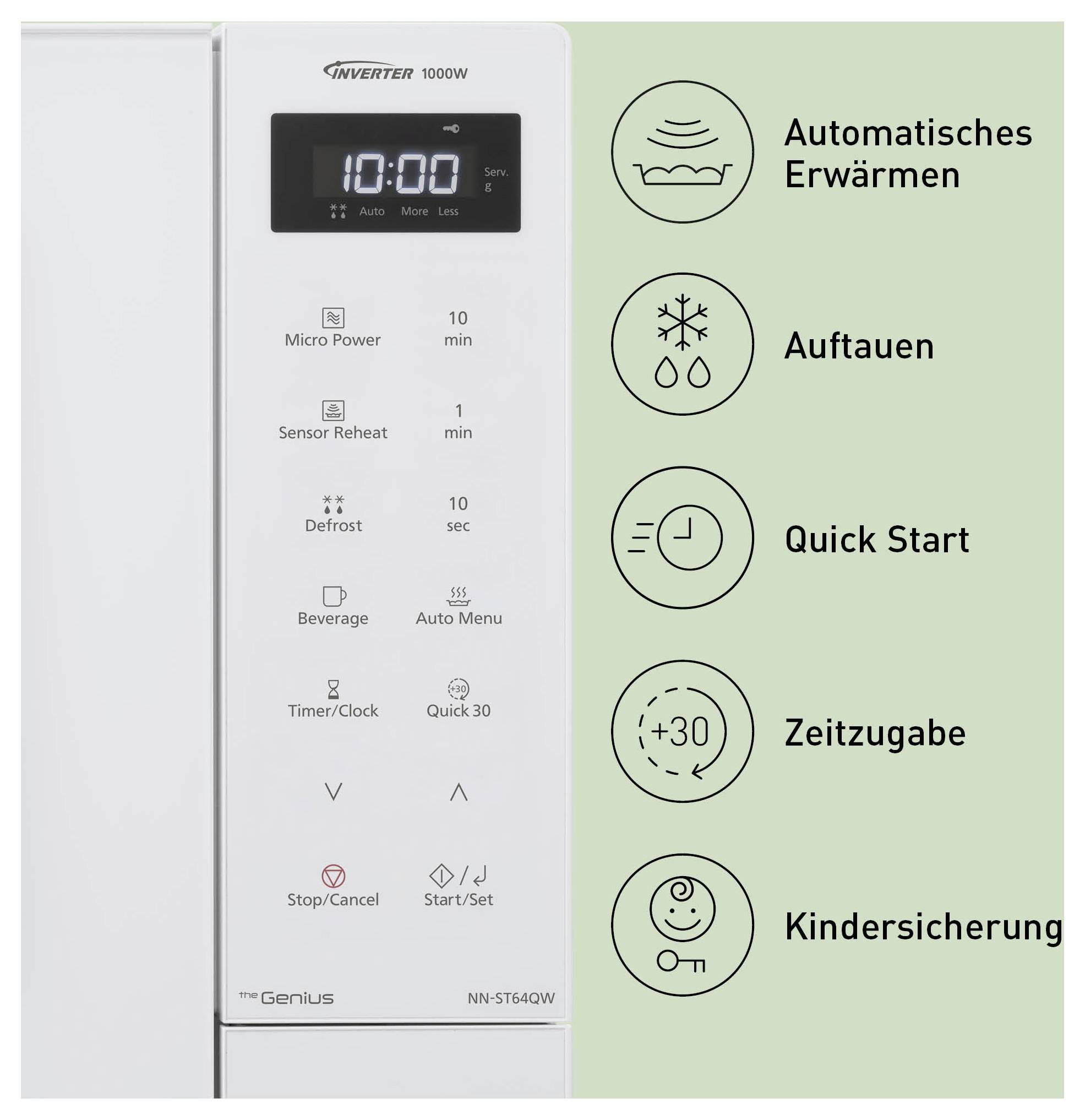 Ovládací panel mikrovlnné trouby s programy a symboly: Automatické zahřívání, Rozmrazování, Rychlý start, Časové nastavení a Dětská bezpečnost.
