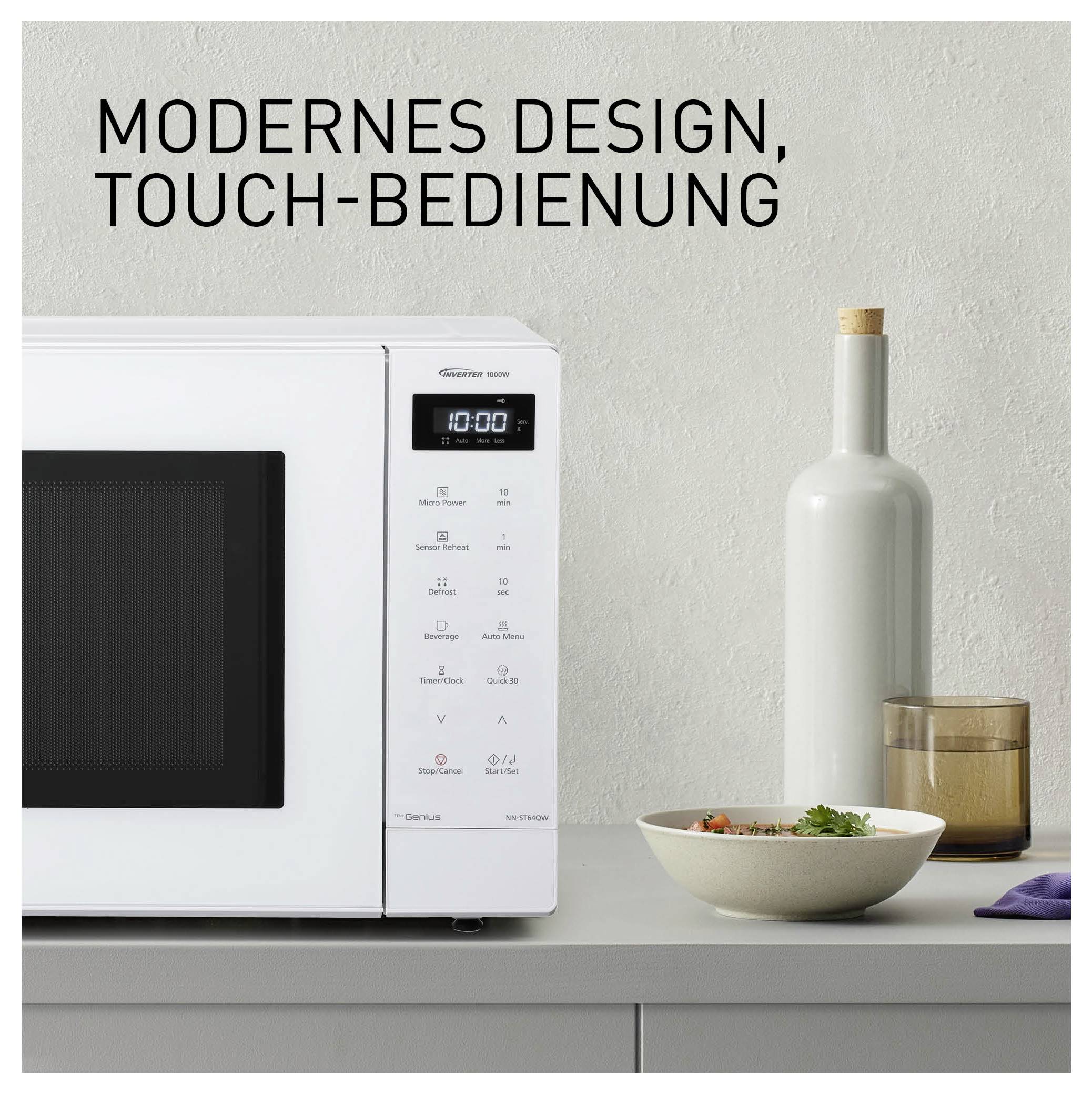 Bílá mikrovlnná trouba s dotykovým ovládáním na kuchyňské lince; nad ní text 'MODERNÍ DESIGN, DOTYKOVÉ OVLÁDÁNÍ'.