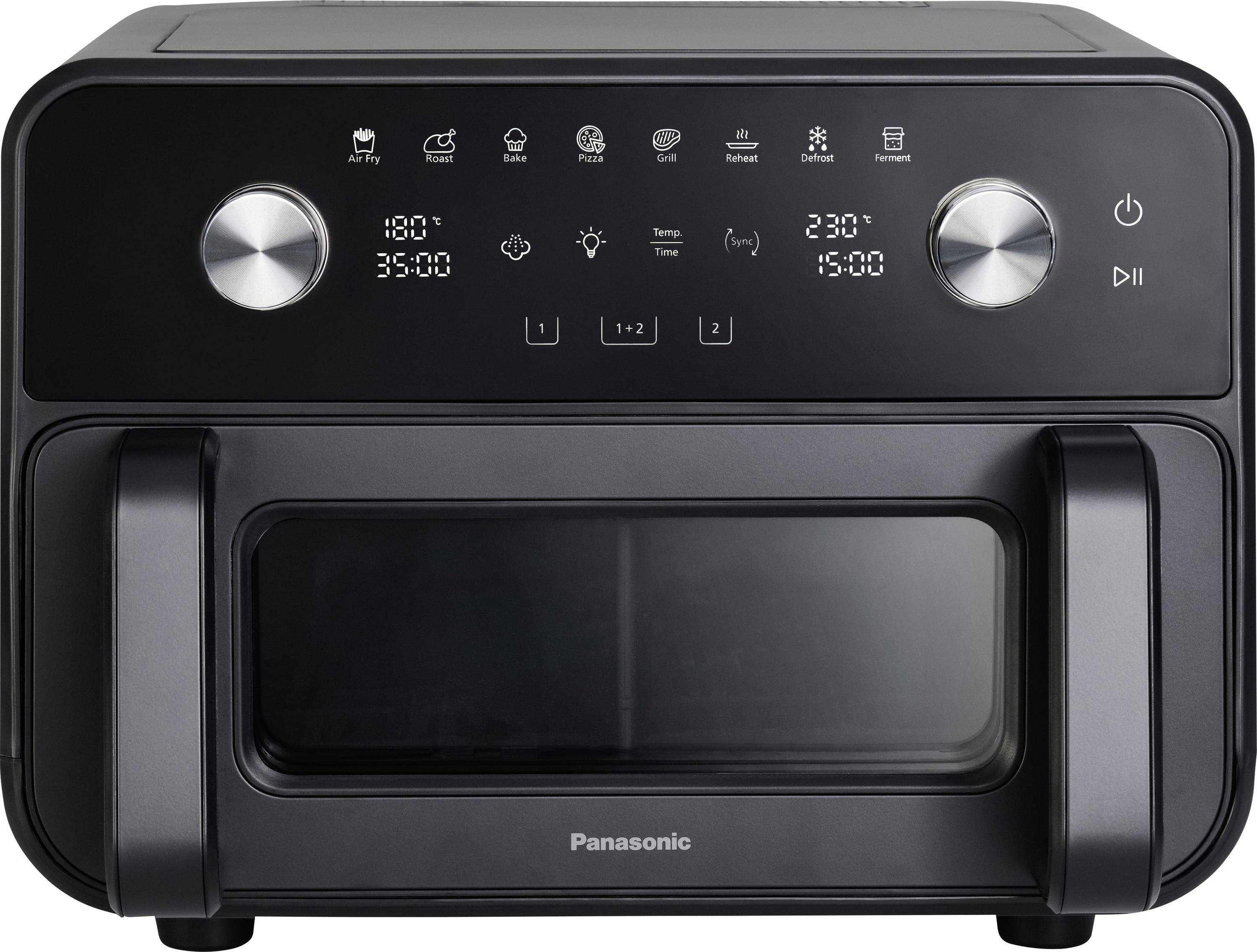 Černá stolní fritéza Panasonic s digitálním displejem, dvěma stříbrnými ovládacími knoflíky a okénkem pro pozorování na přední straně.