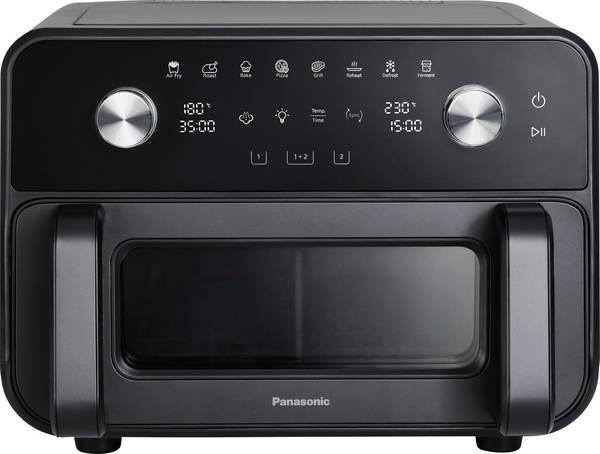 Panasonic NF-BC1000KXE Air Flyer s dvojitým košem a Flex zásuvkou 9.6 l 2450 W nepřilnavý povlak, bez BPA, nerozbitné, s aktivním odvětráváním, s funkcí páry, vhodné do myčky, funkce grilování, horkovzdušný, plynulý regulátor teploty, funkce časovače černá