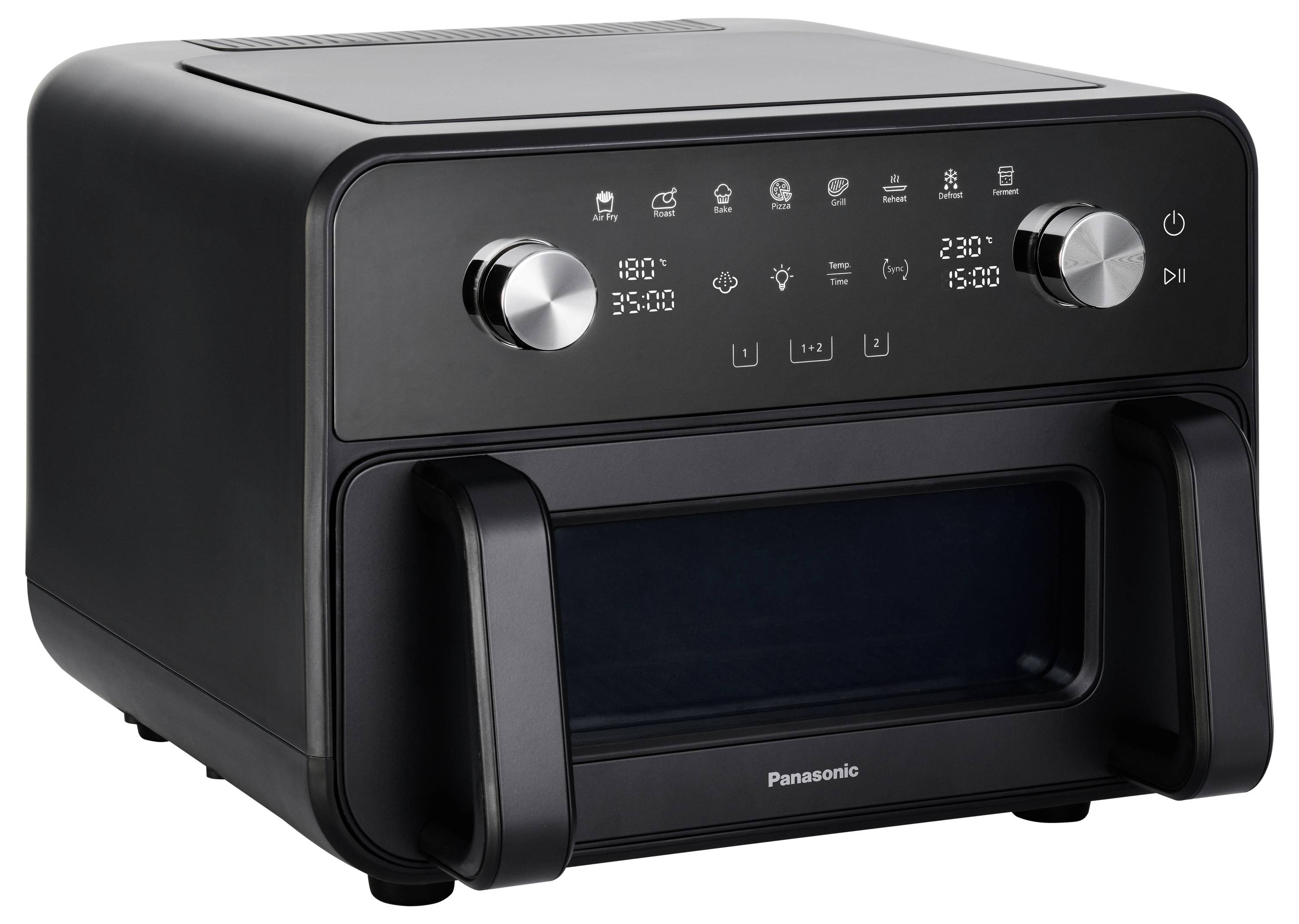 Černá stolní fritéza Panasonic s dvěma ovládacími knoflíky, digitálním displejem a předním oknem pro pozorování.
