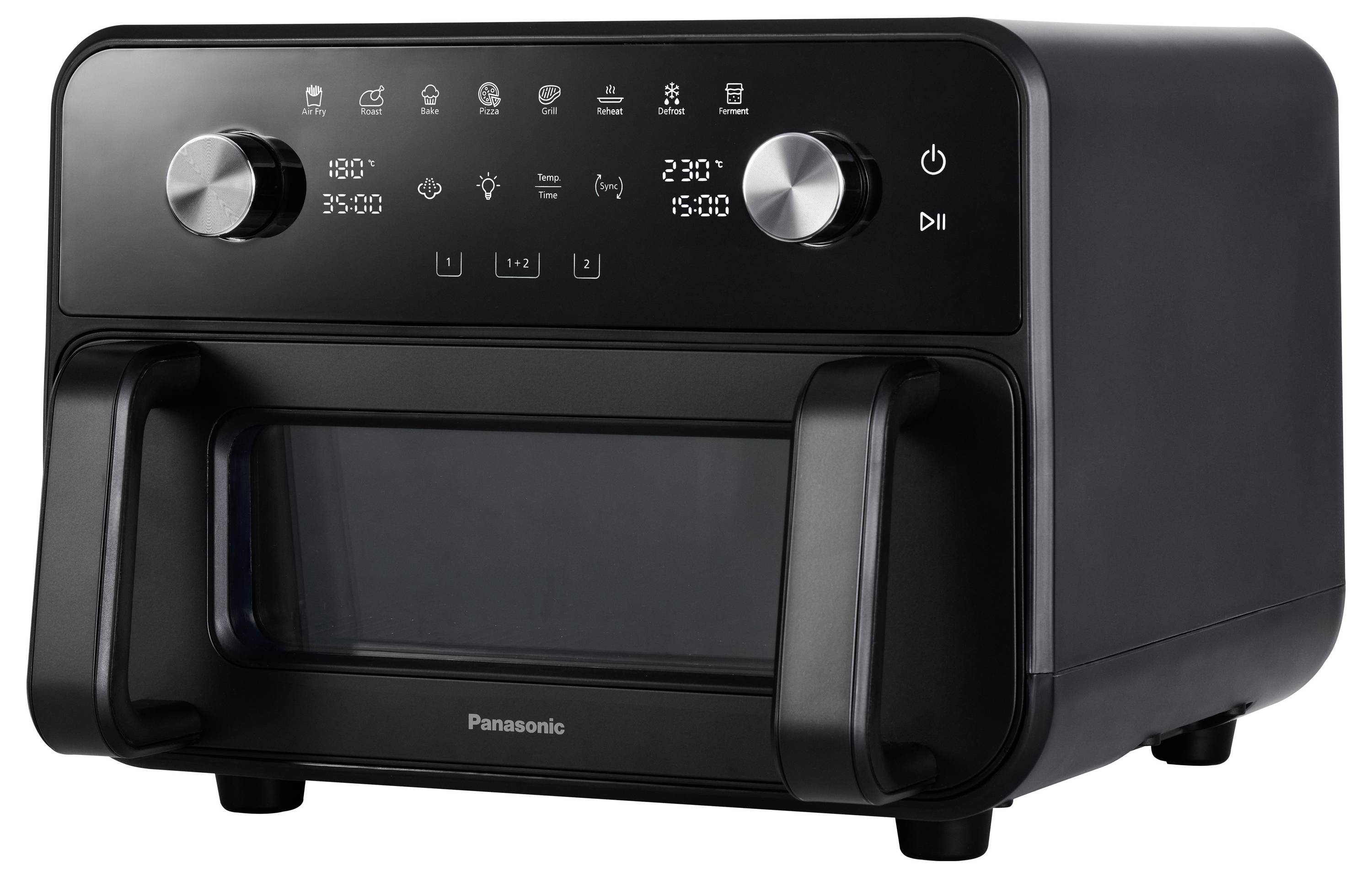 Černá stolní fritéza značky Panasonic s dvěma otočnými ovladači, digitálním displejem a přední skleněnými dveřmi, zobrazena na bílém pozadí.
