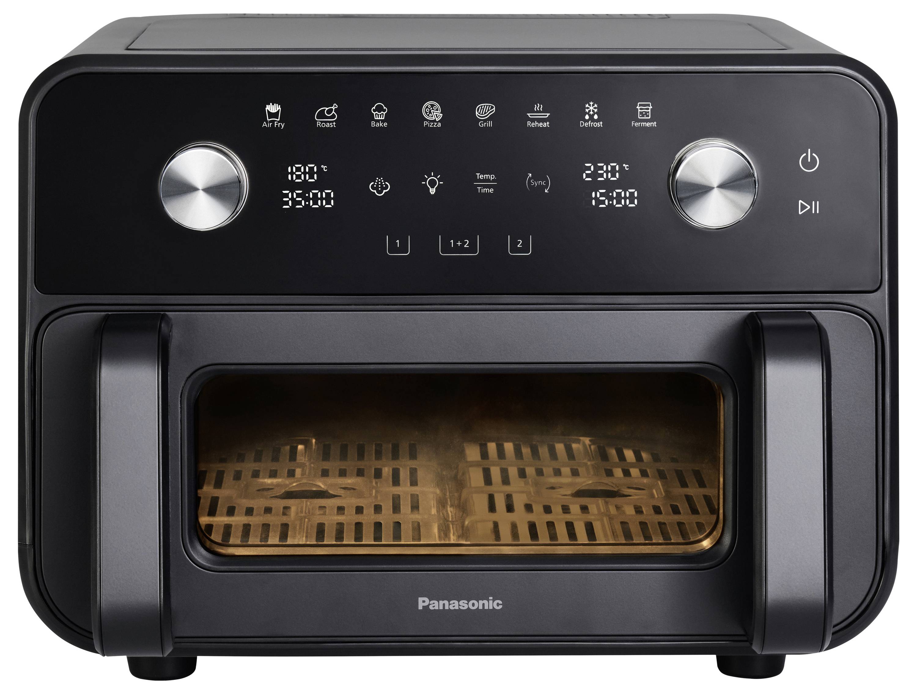 Přední pohled na černou fritézu Panasonic se skleněným oknem, dvěma otočnými ovládacími prvky a digitálním zobrazením ukazujícím 180°C a 230°F.