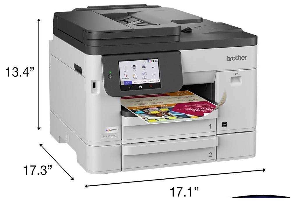 Multifunkční tiskárna Brother zobrazená s rozměry 17,1" na šířku, 17,3" do hloubky a 13,4" na výšku.