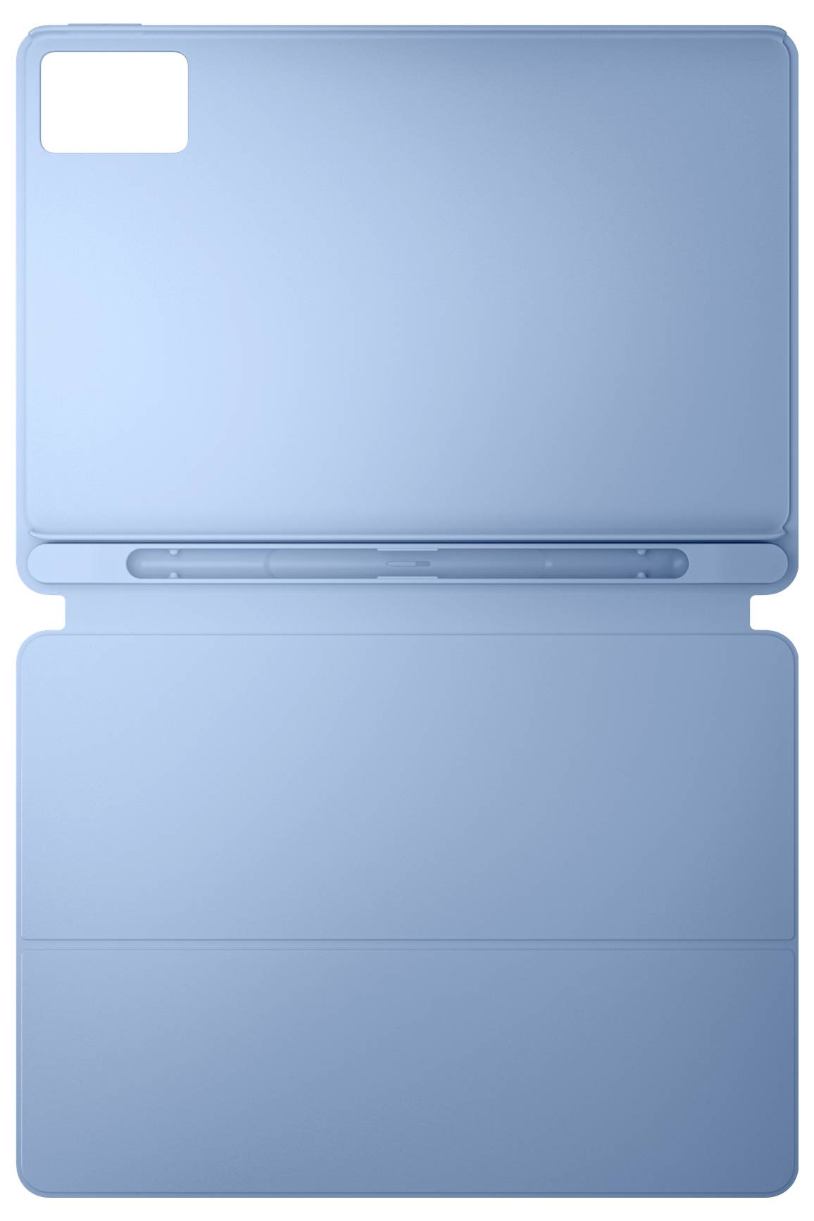 Modrý zavřený notebook nebo tablet se čistým bílým štítkem v levém horním rohu.