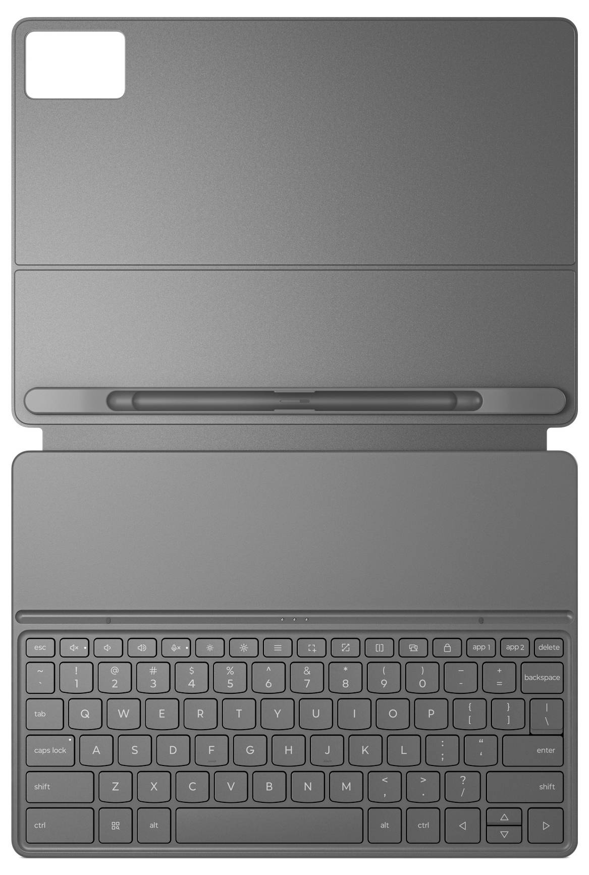 Zavřený laptop nebo tablet s připojenou klávesnicí, zobrazený zepředu v šedé barvě.