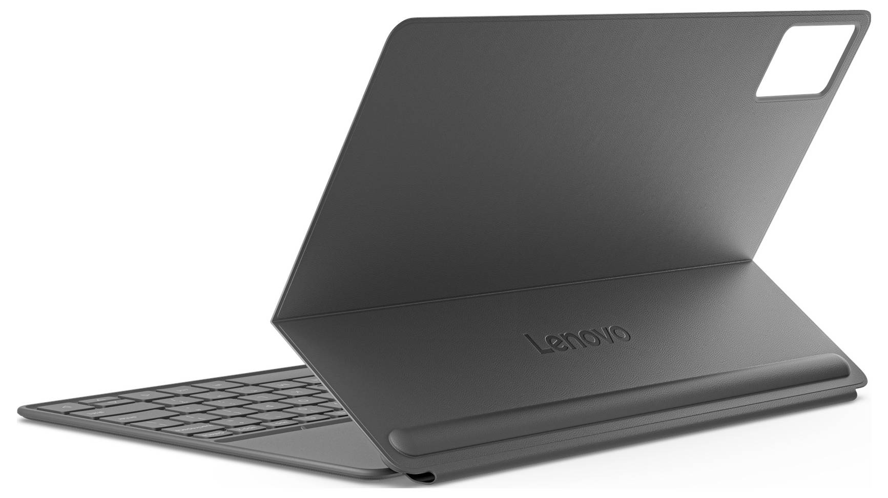 Zavřený laptop Lenovo v tmavé šedé barvě, částečně otevřený zezadu s viditelnou klávesnicí na bílém pozadí.
