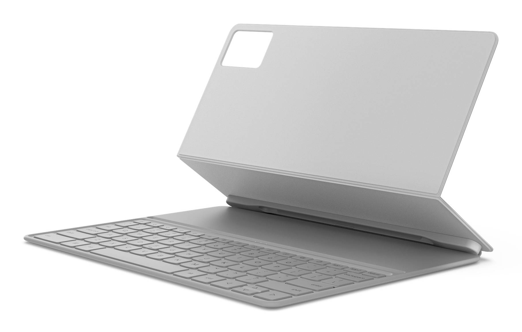 Šedý laptop zobrazený otevřený v úhlu s odnímatelnou klávesnicí, izolovaný na bílém pozadí.