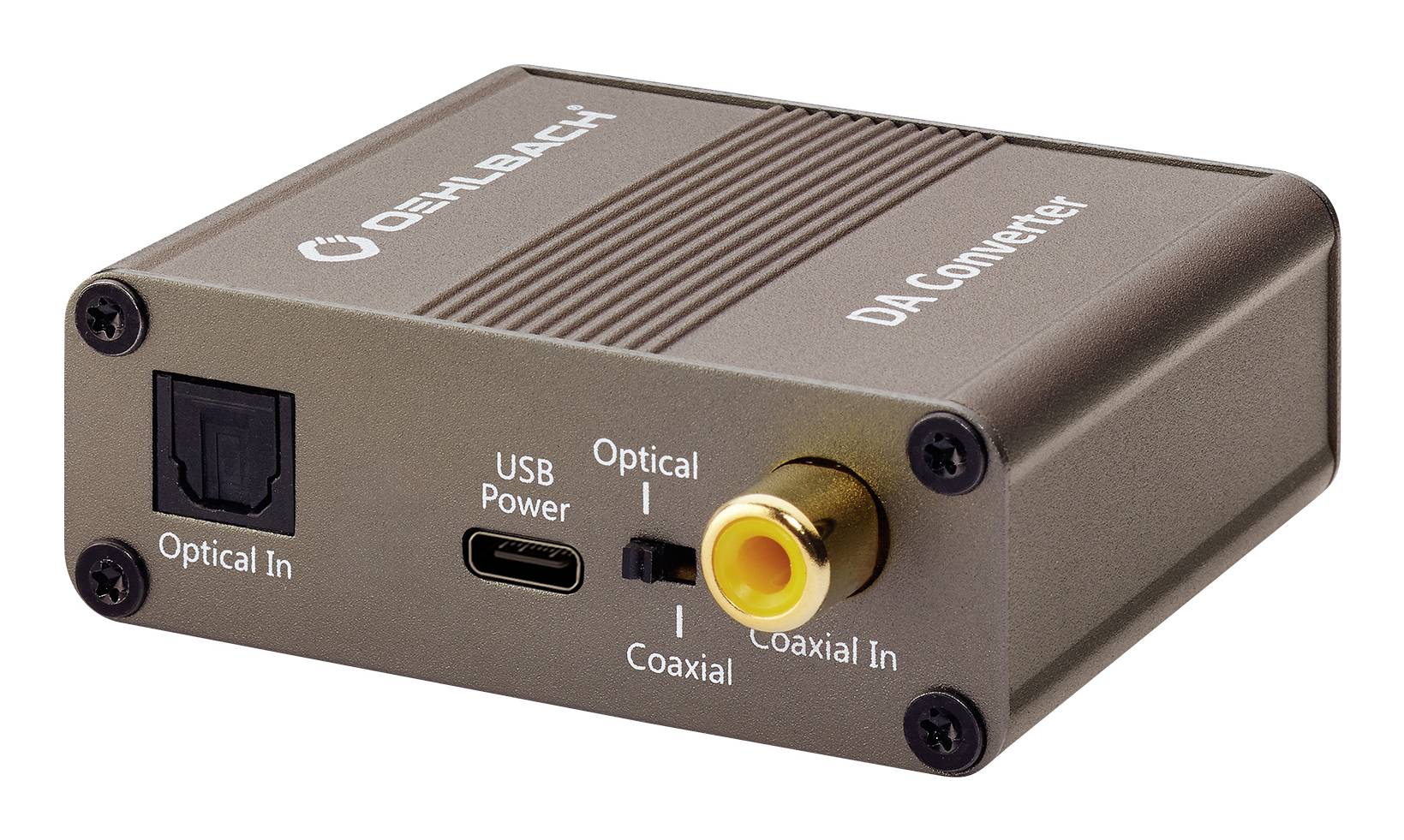 Kompaktní digitálně-analogový audio převodník se vstupními porty pro optický a koaxiální signál, napájením přes USB a žlutým koaxiálním konektorem.