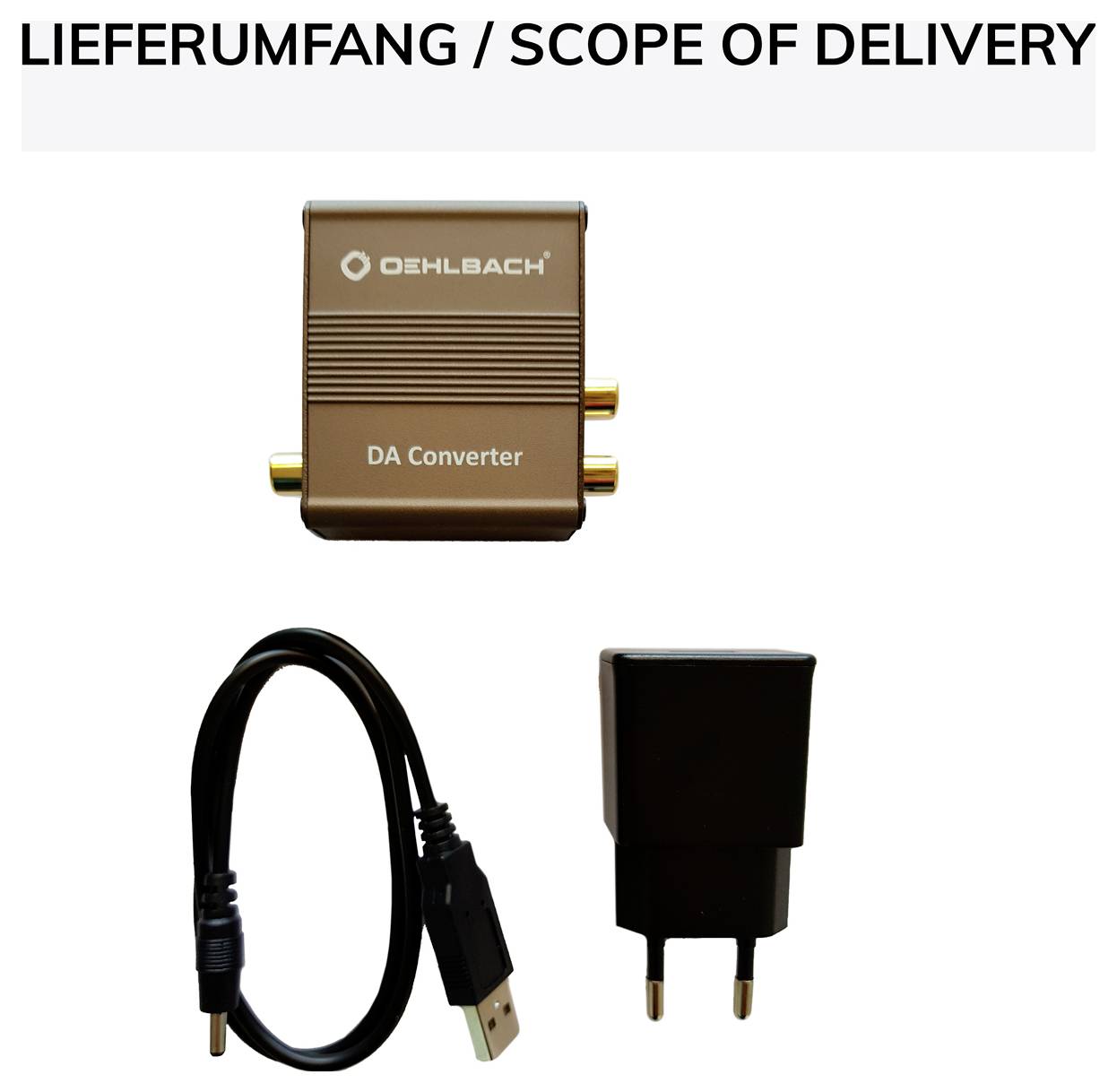 Rozsah dodávky obrázku zobrazující Oehlbach DA Converter, USB kabel a napájecí adaptér.