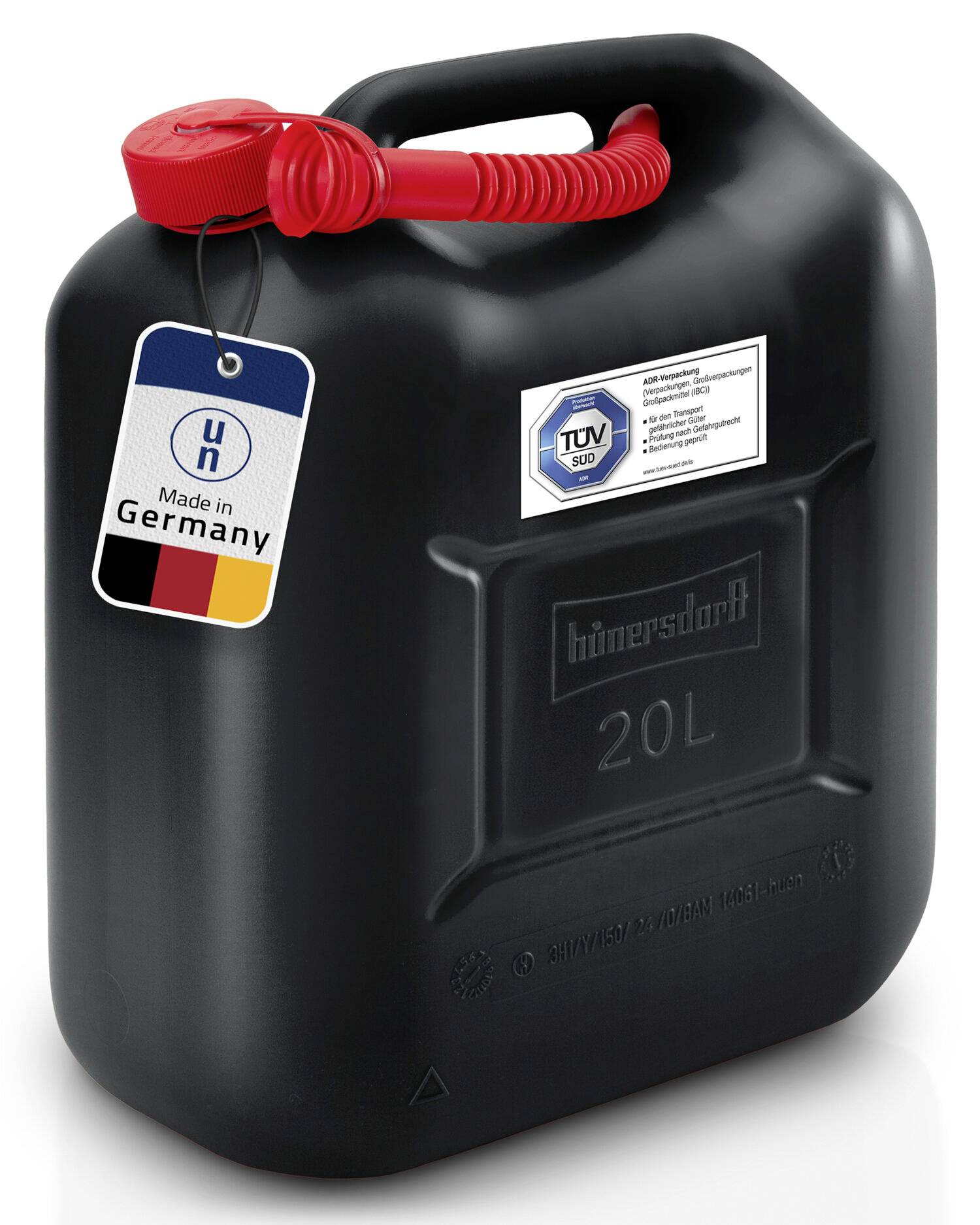 Černá 20L kanystr na palivo s červeným víkem a připojenými štítky „Made in Germany" a bezpečnostní štítky TÜV.